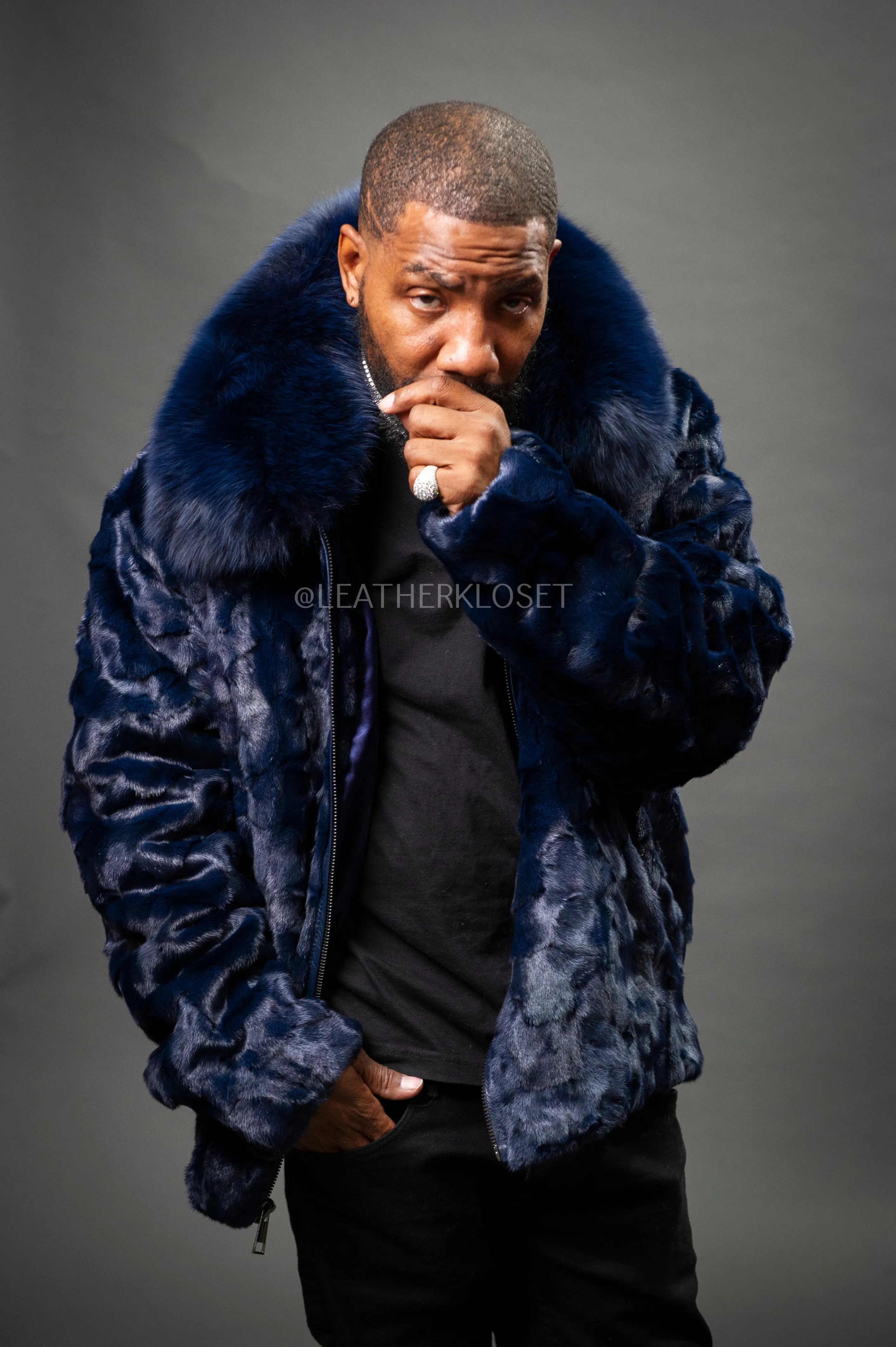 Men's Mink with Fox Fur Bomber Jacket [Navy Blue]