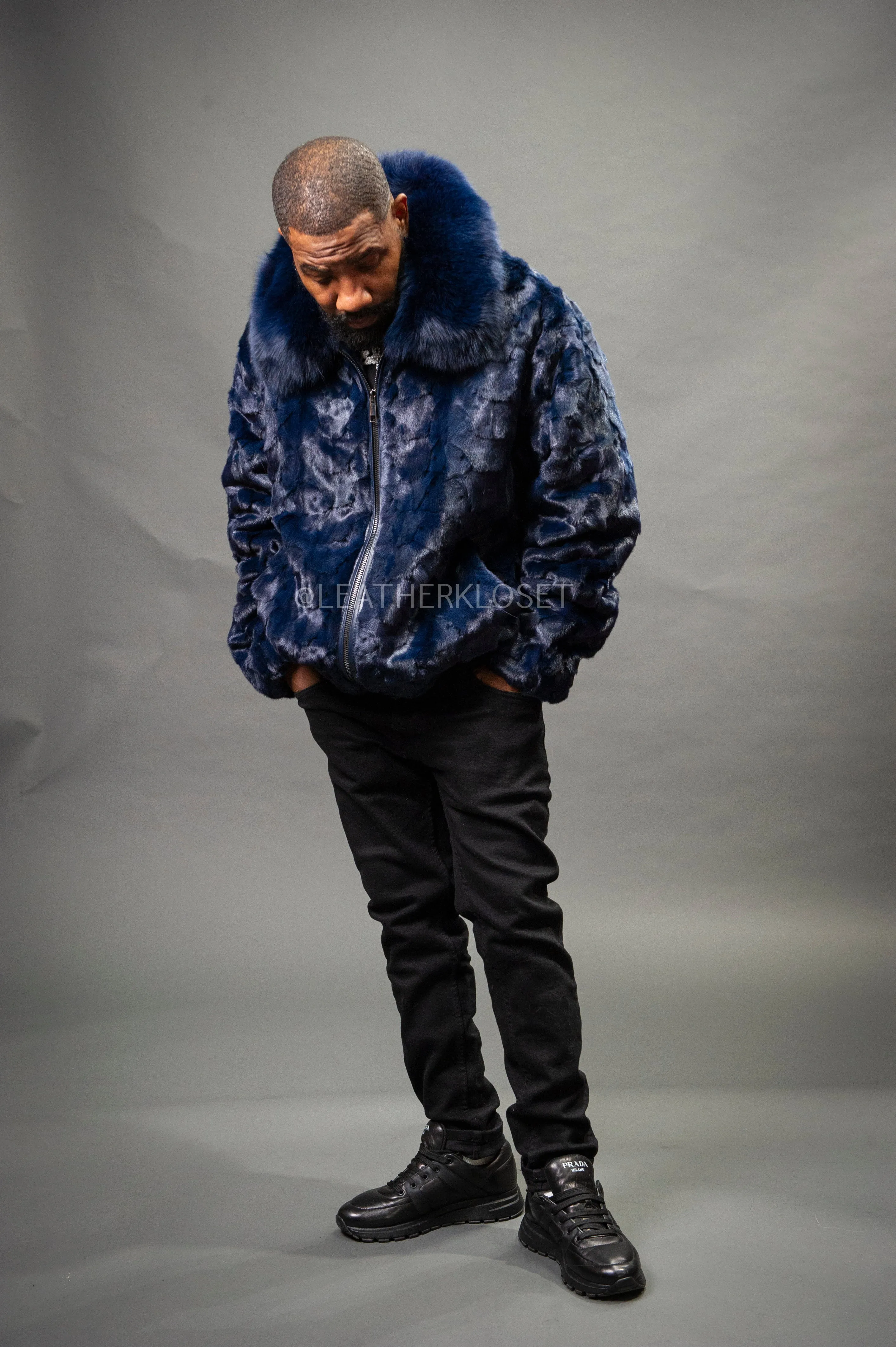 Men's Mink with Fox Fur Bomber Jacket [Navy Blue]