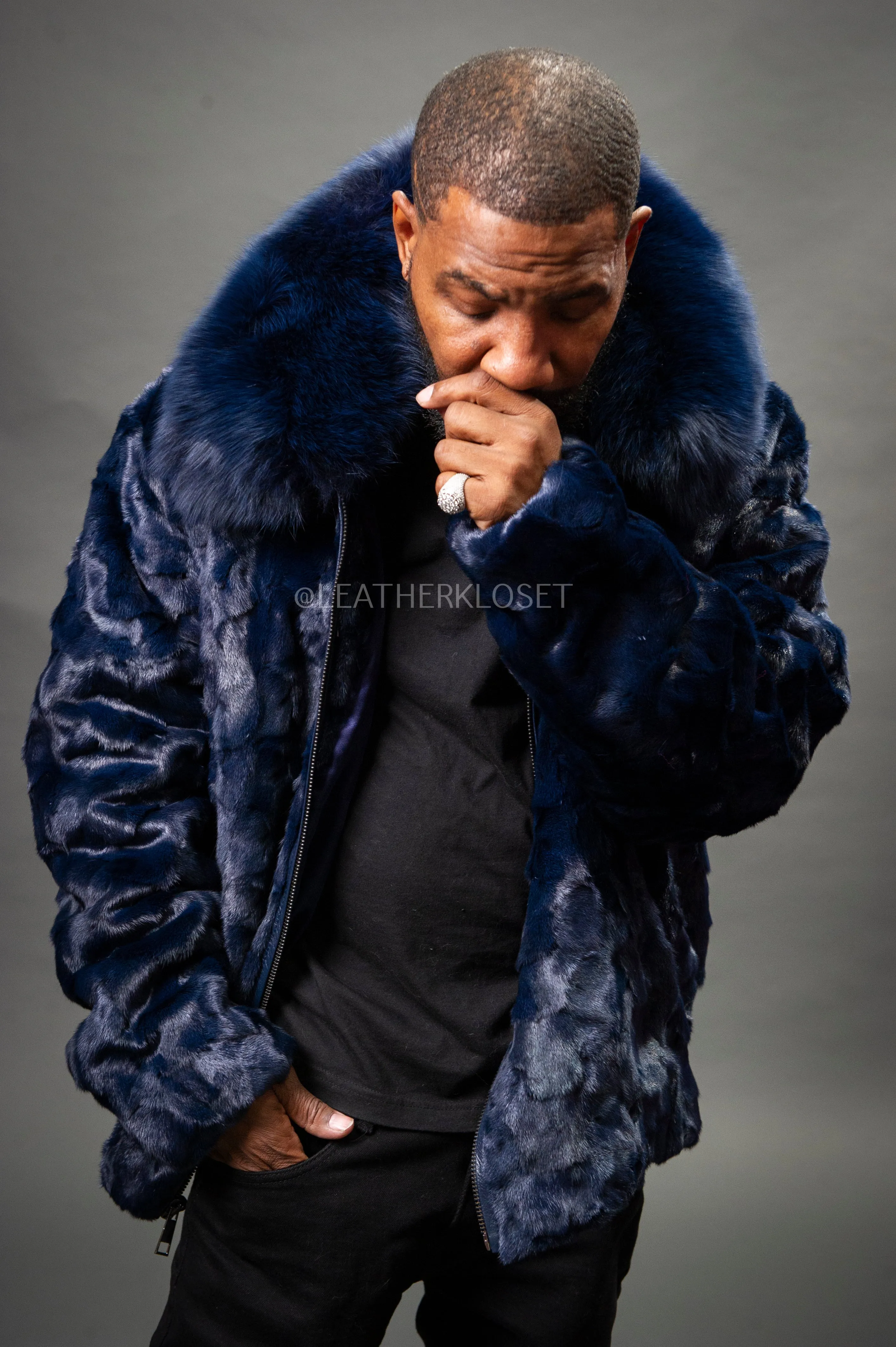 Men's Mink with Fox Fur Bomber Jacket [Navy Blue]