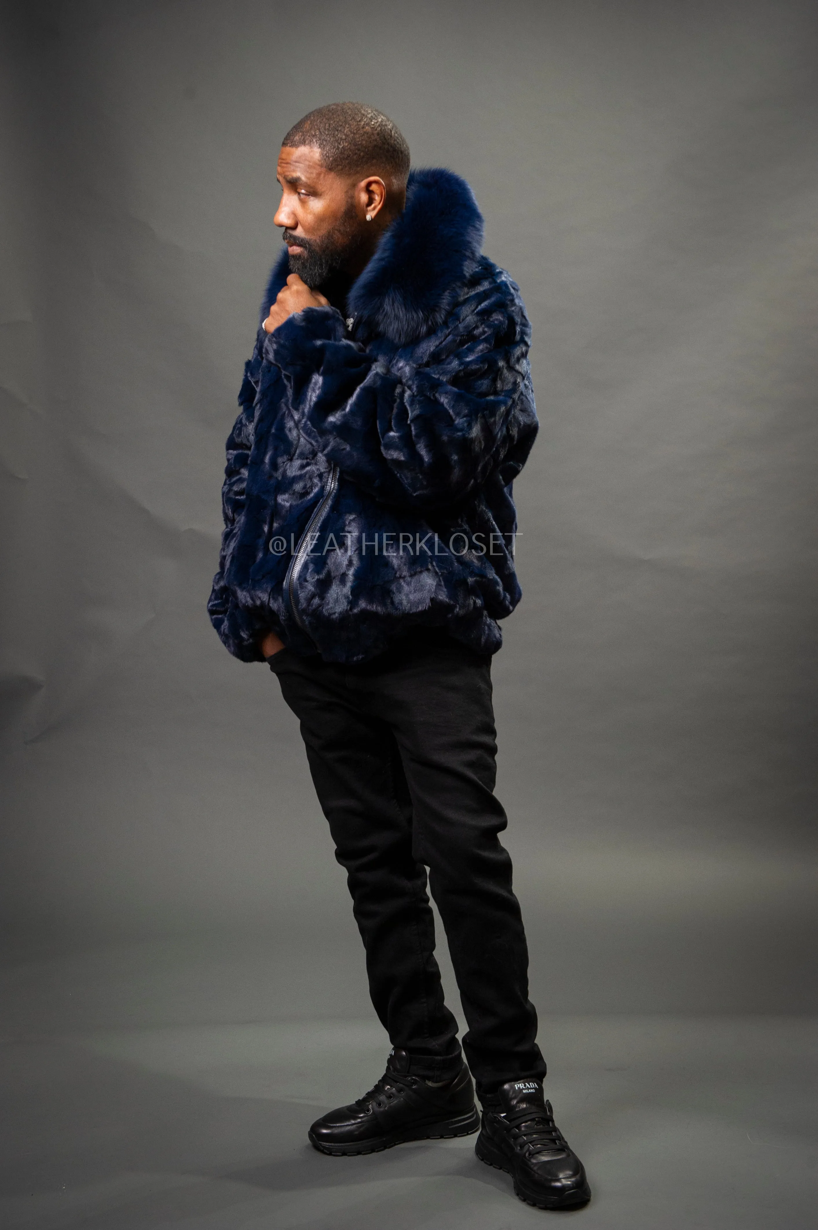 Men's Mink with Fox Fur Bomber Jacket [Navy Blue]