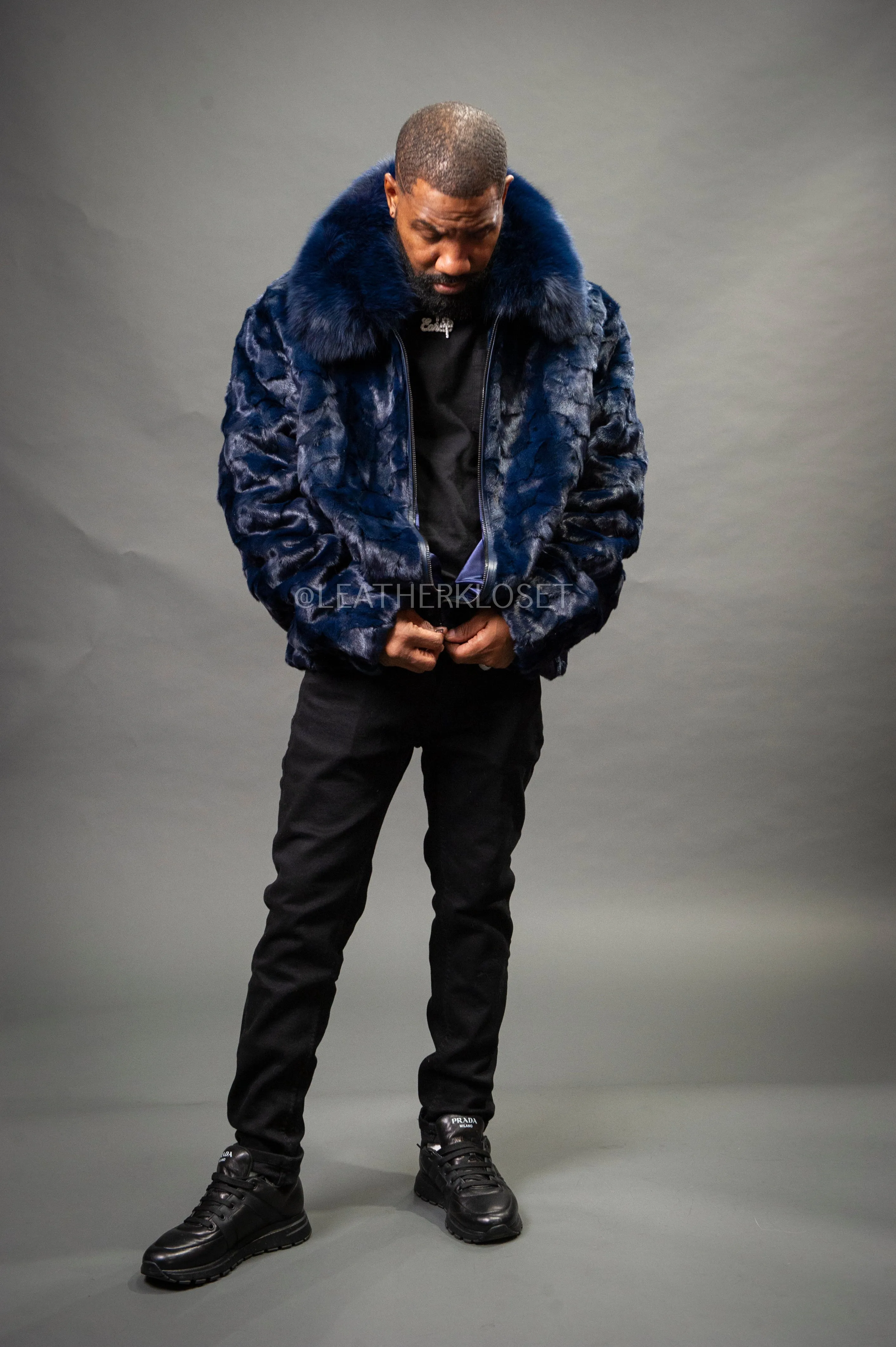 Men's Mink with Fox Fur Bomber Jacket [Navy Blue]