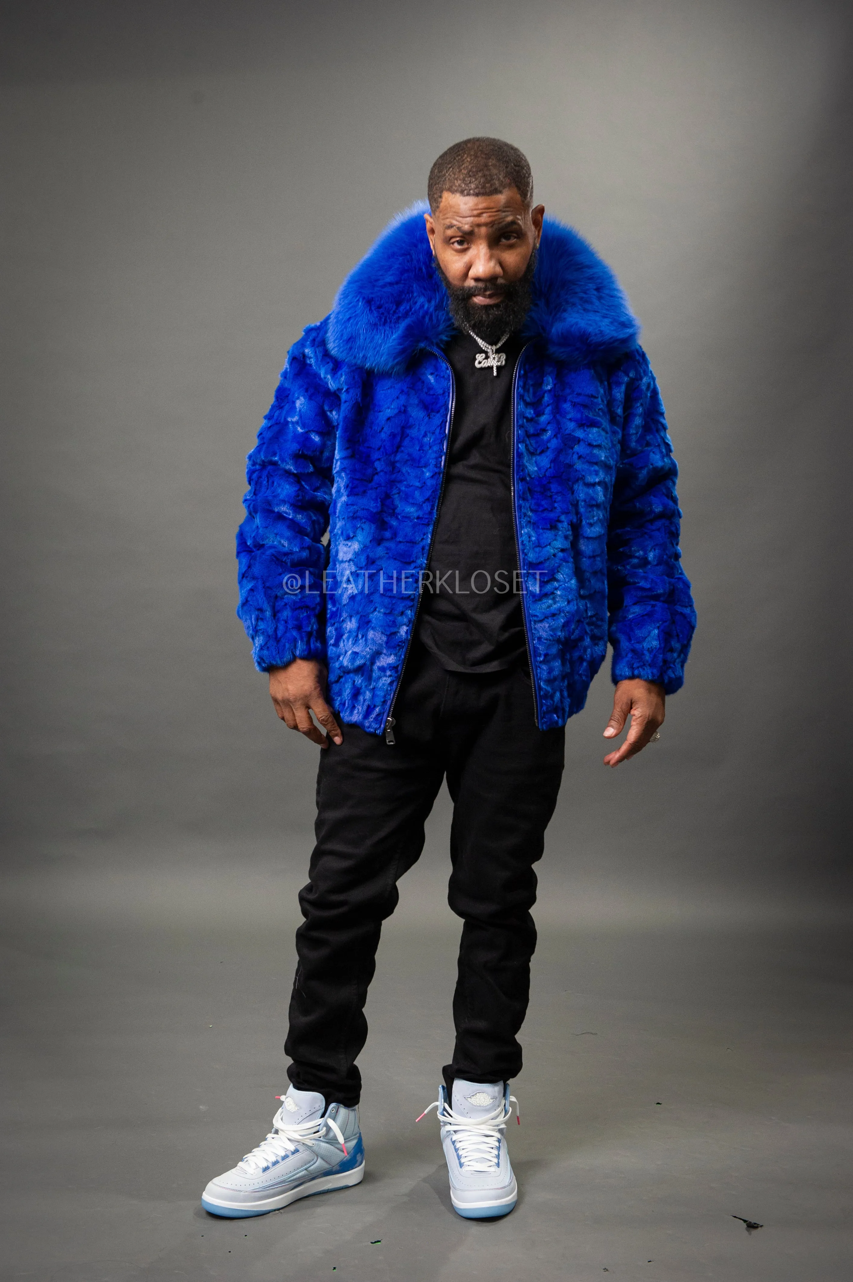 Men's Mink with Fox Fur Bomber Jacket [Royal Blue]