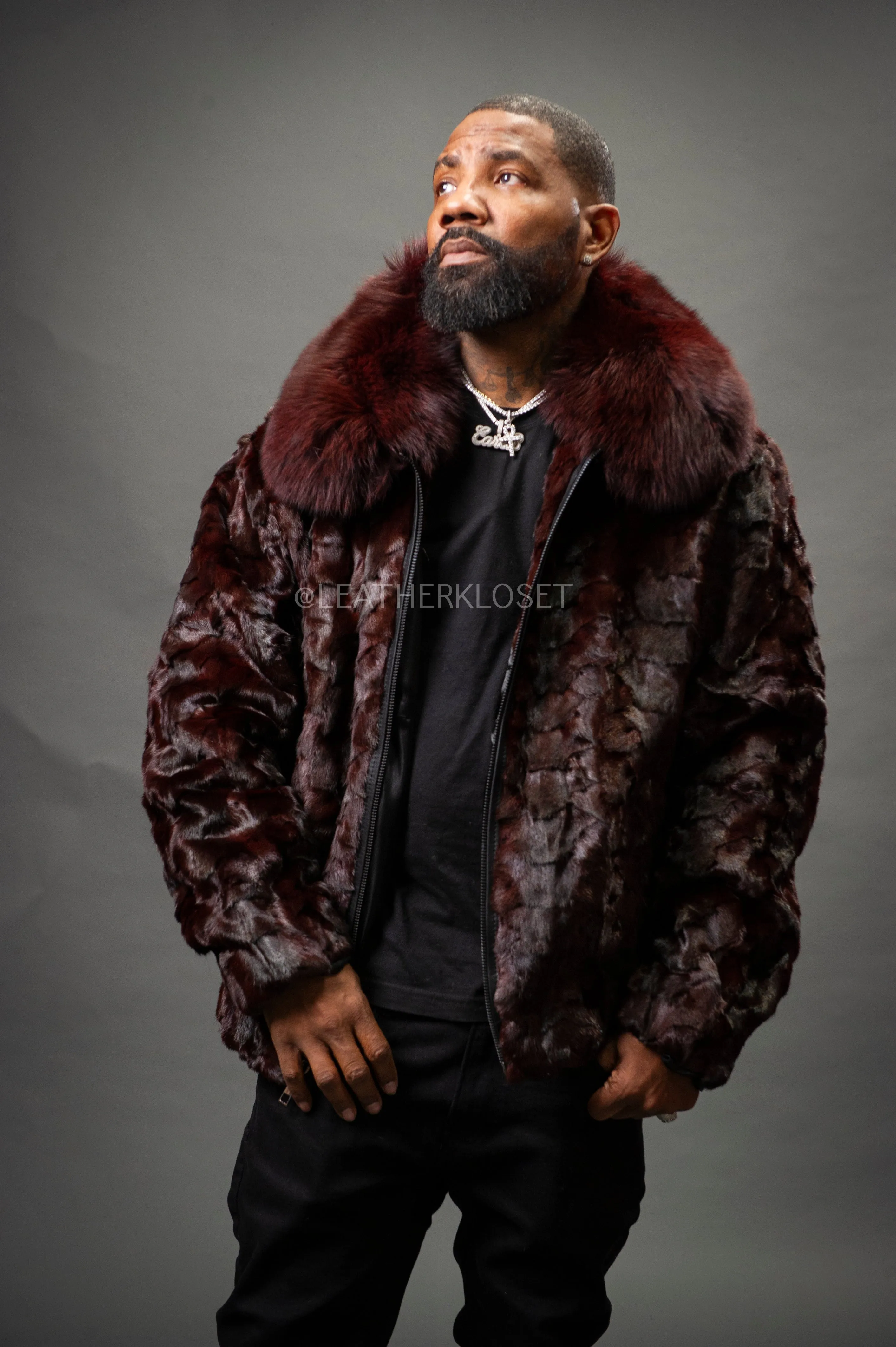 Men's Mink with Fox Fur Bomber Jacket [Wine]