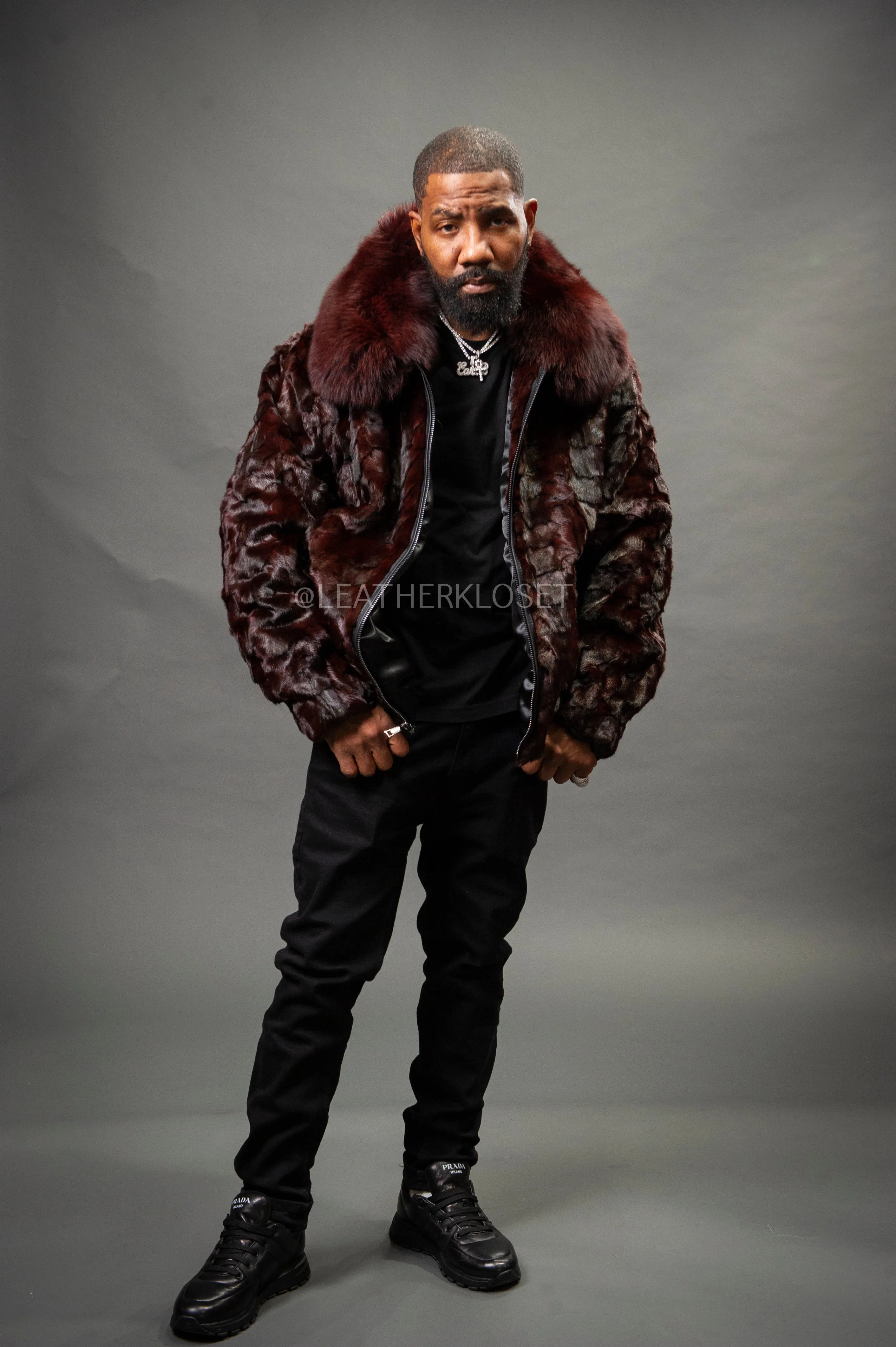 Men's Mink with Fox Fur Bomber Jacket [Wine]