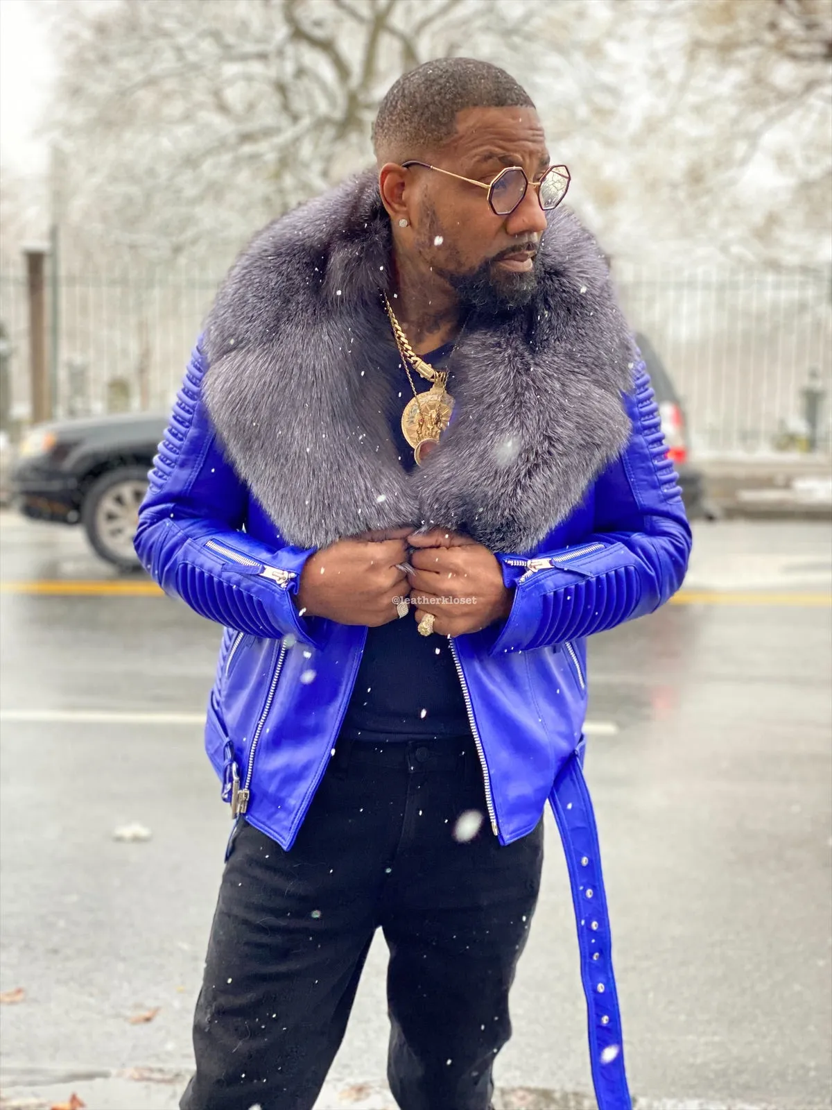 Men's Trey Biker Royal Blue Leather Full Fox Fur Collar [Silver Fox]