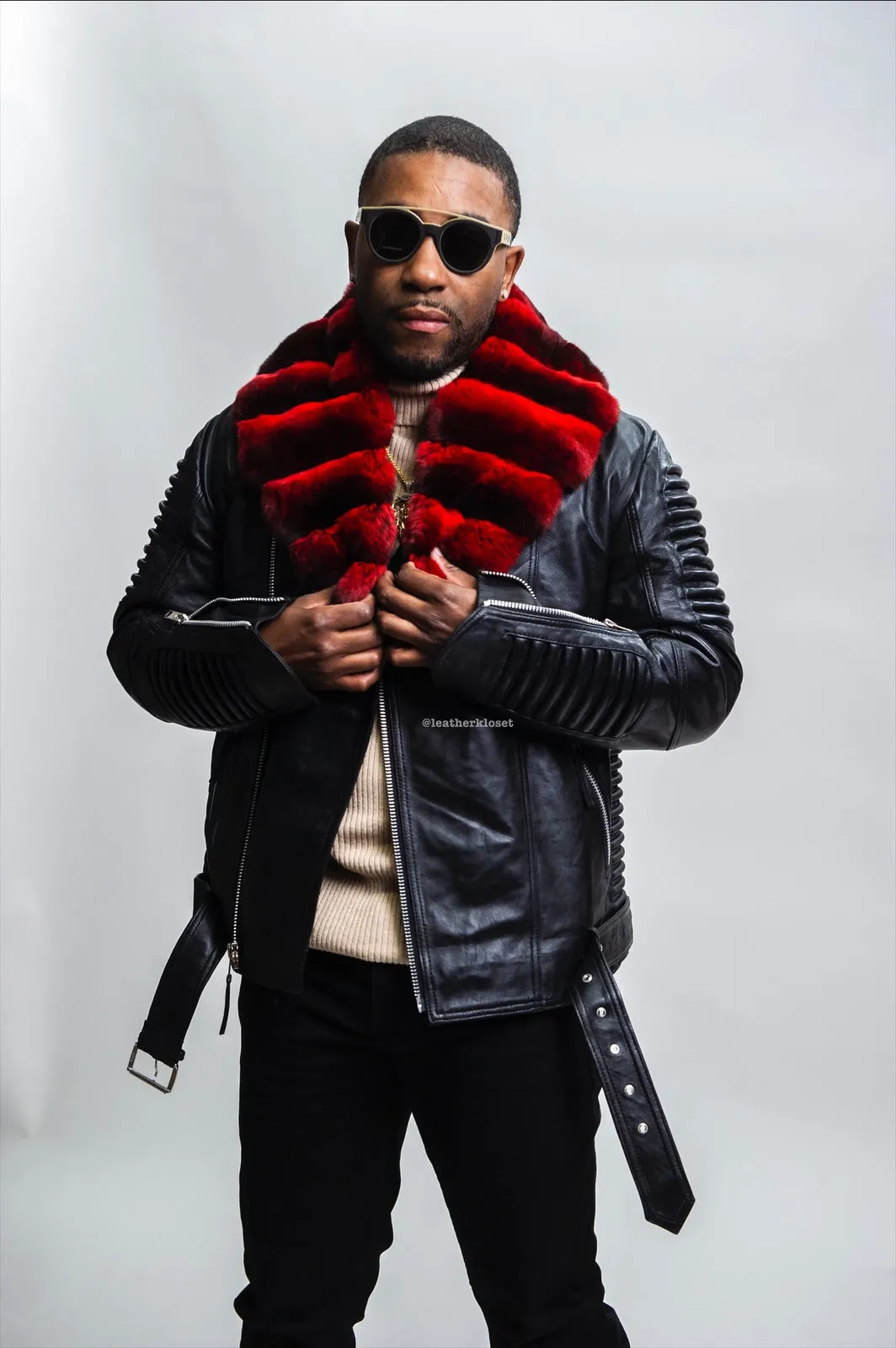 Men's Trey Biker With Real Chinchilla Fur Collar [Red Chinchilla]