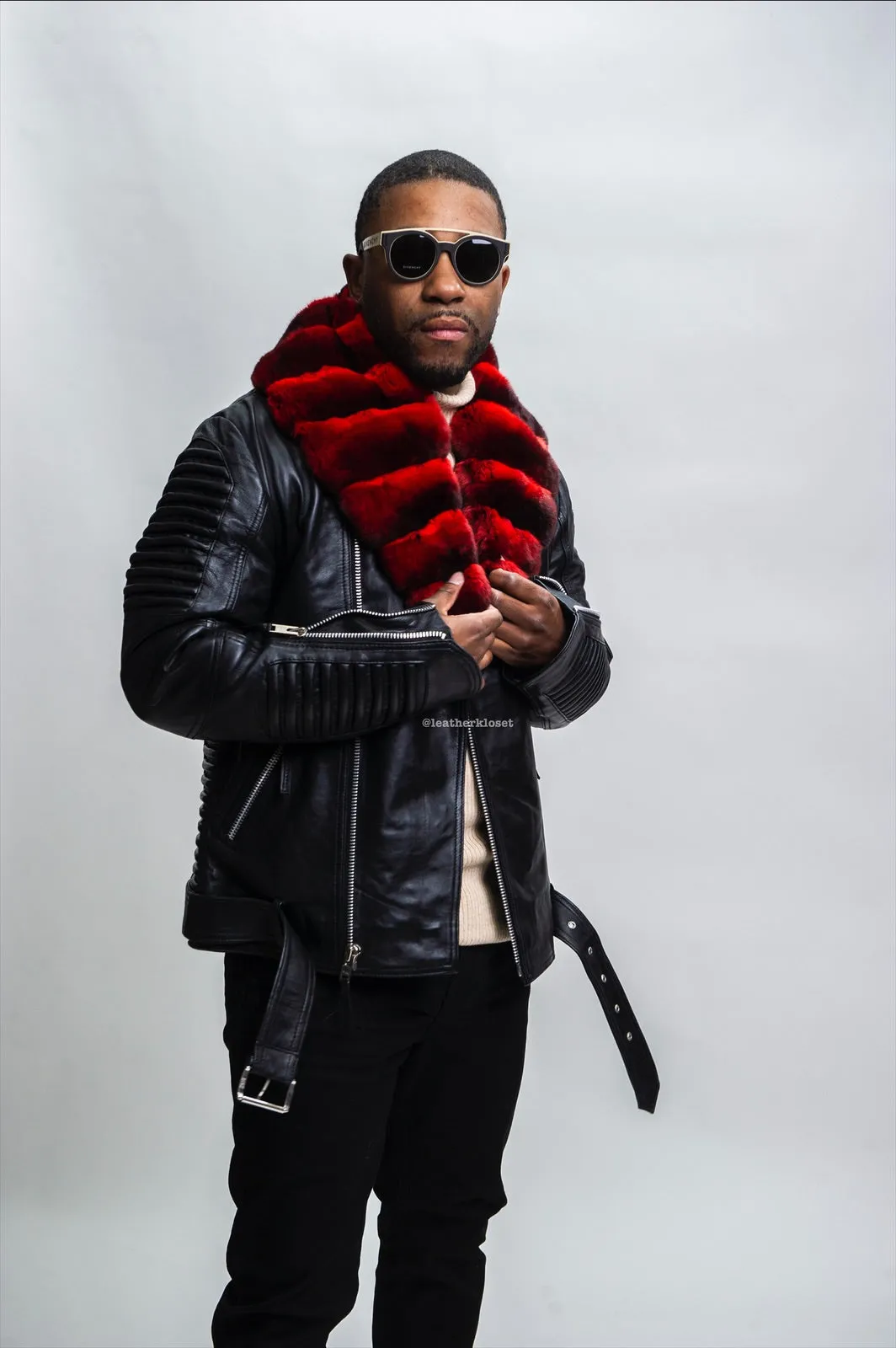 Men's Trey Biker With Real Chinchilla Fur Collar [Red Chinchilla]