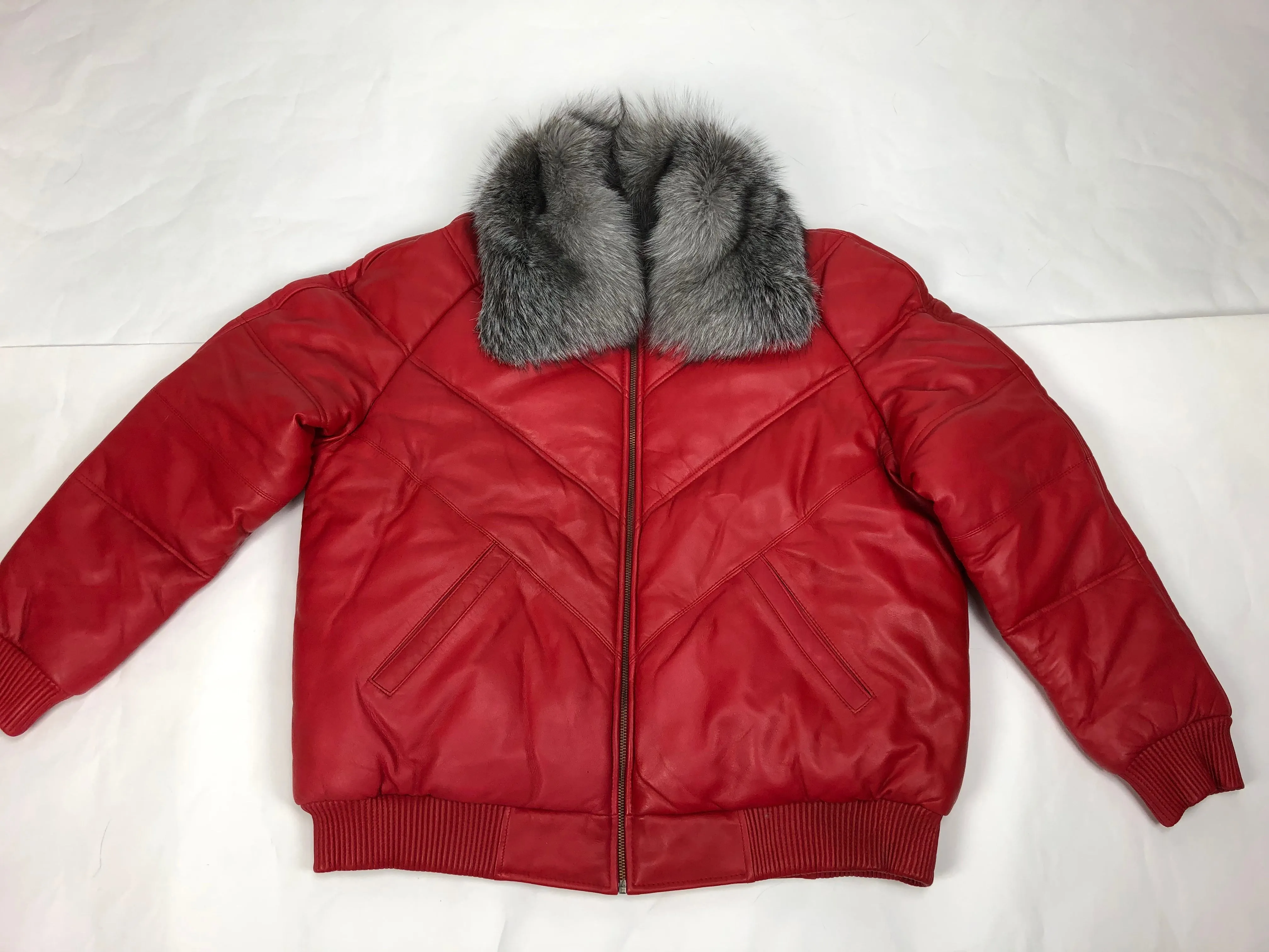 Men's V-Bomber Red Premium Silver Fox Collar