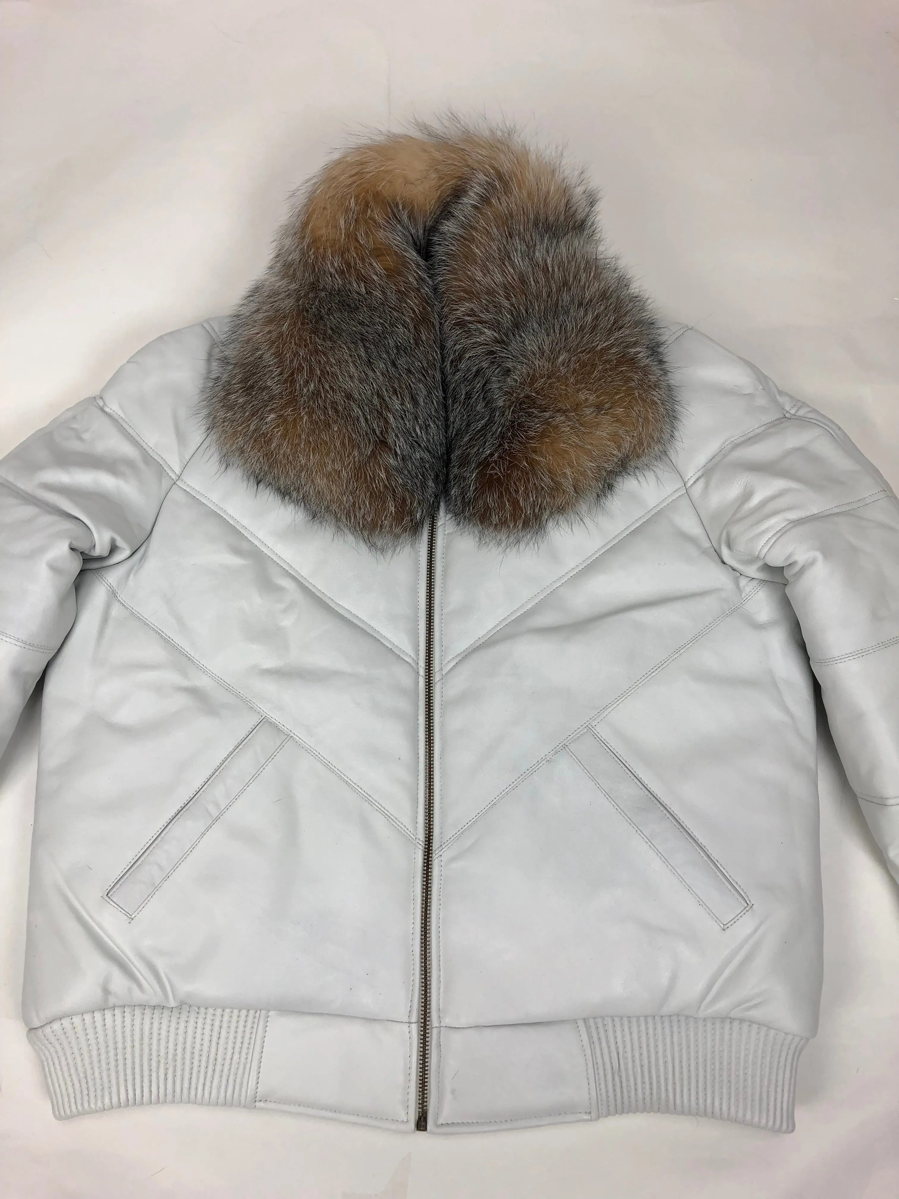 Men's V-Bomber White Premium Siberian Fox Collar