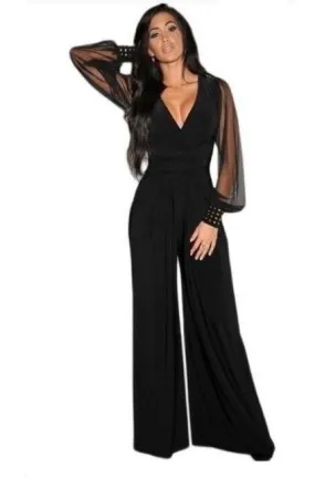 Mesh Sleeve Wide Leg Jumpsuit