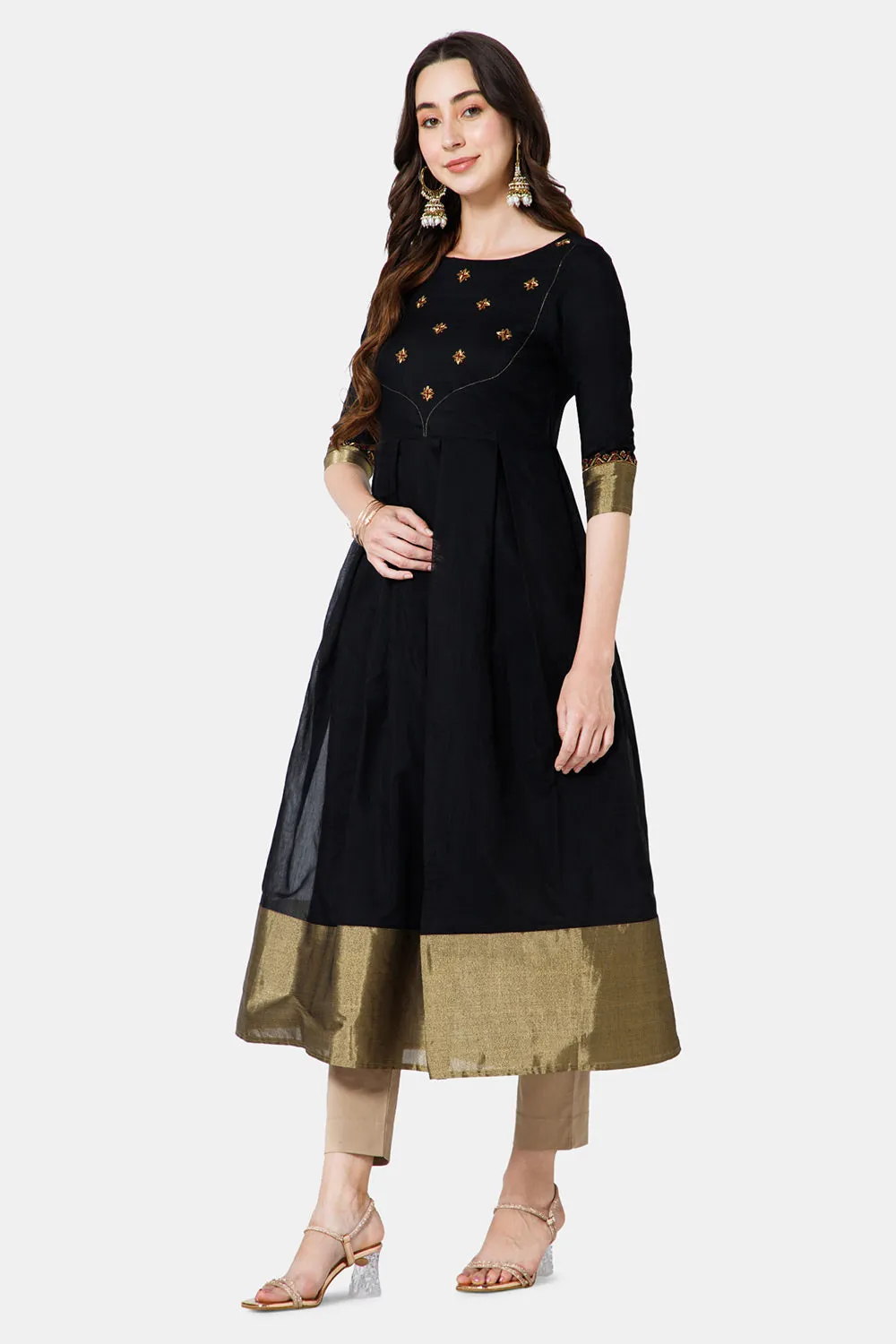 Mythri Women's Ethnic Wear Round Neck Anarkali dress with 3/4 sleeve - Black - KU49