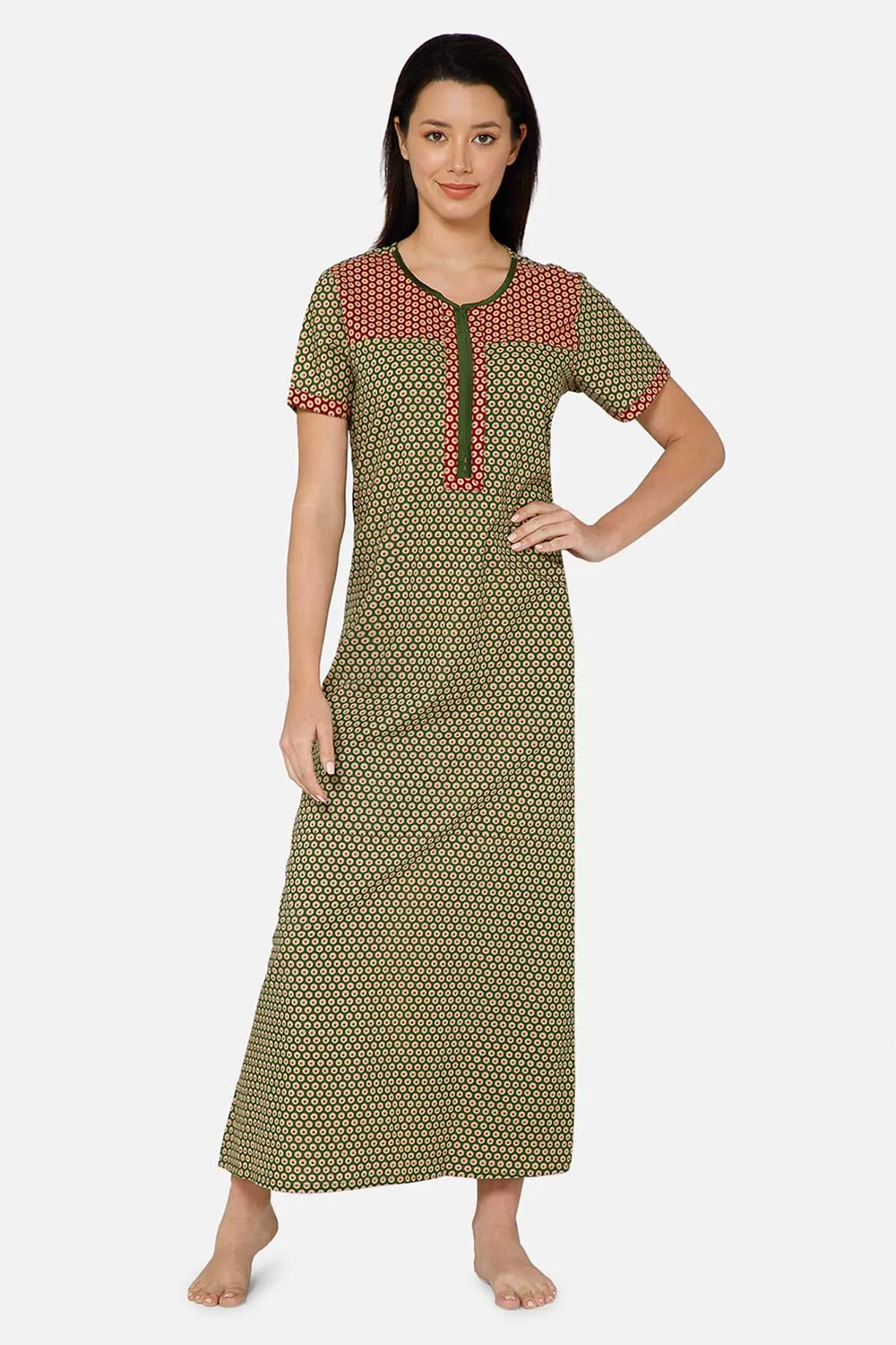 Naidu Hall A-line Front Open Women's Nighty Full Length Half Sleeve  - Green - R125