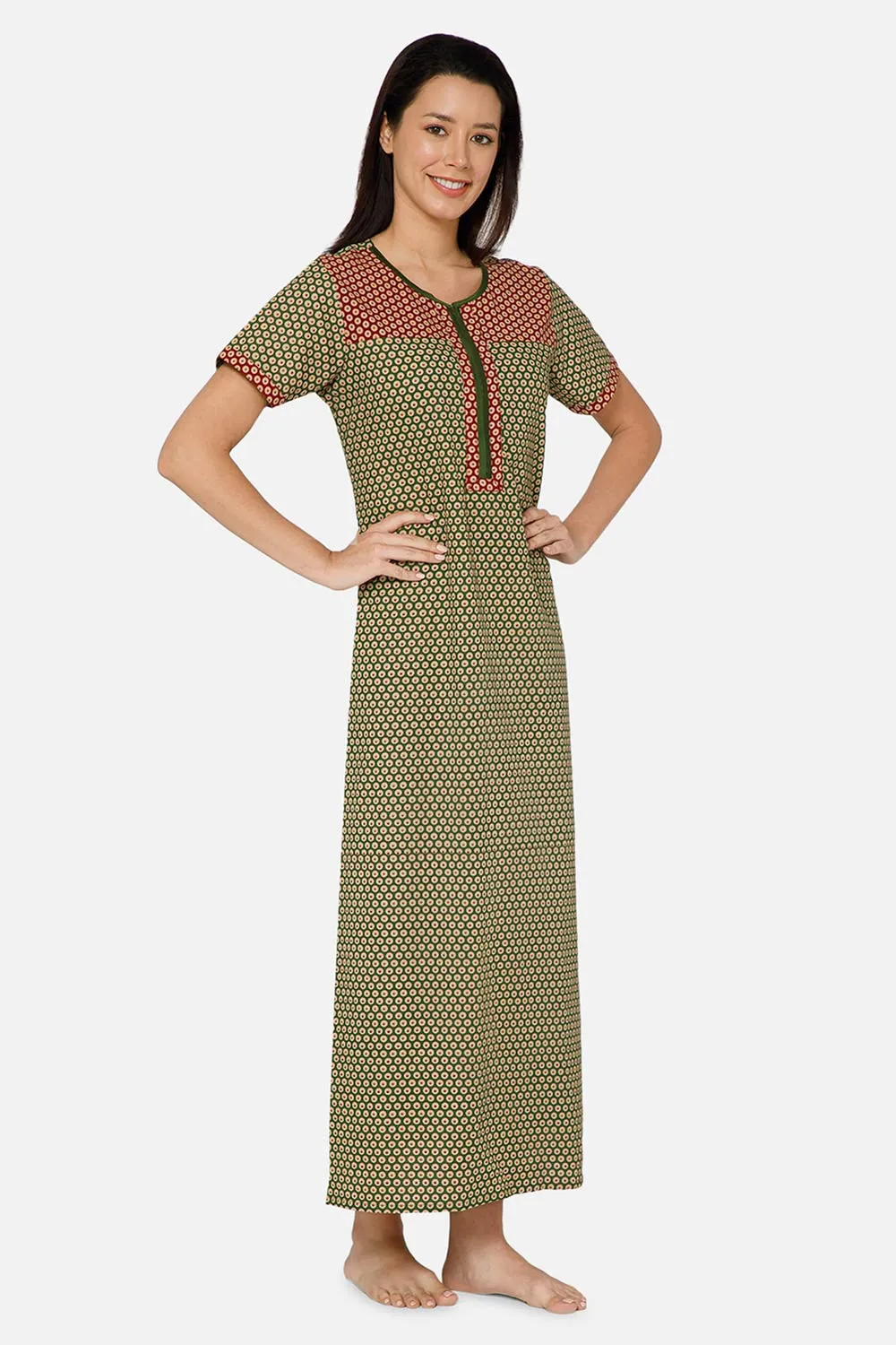 Naidu Hall A-line Front Open Women's Nighty Full Length Half Sleeve  - Green - R125