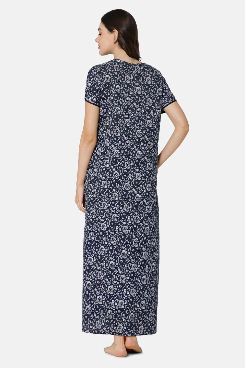 Naidu Hall A-line Front Open Women's Nighty Full Length Half Sleeve  - Navy Blue - R122