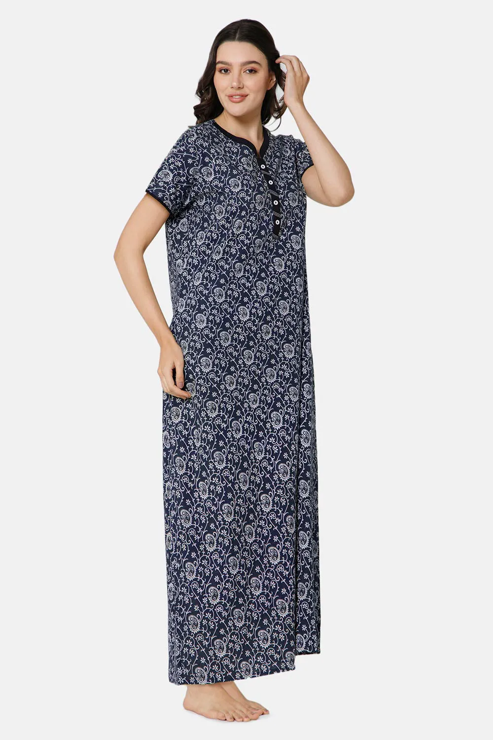 Naidu Hall A-line Front Open Women's Nighty Full Length Half Sleeve  - Navy Blue - R122