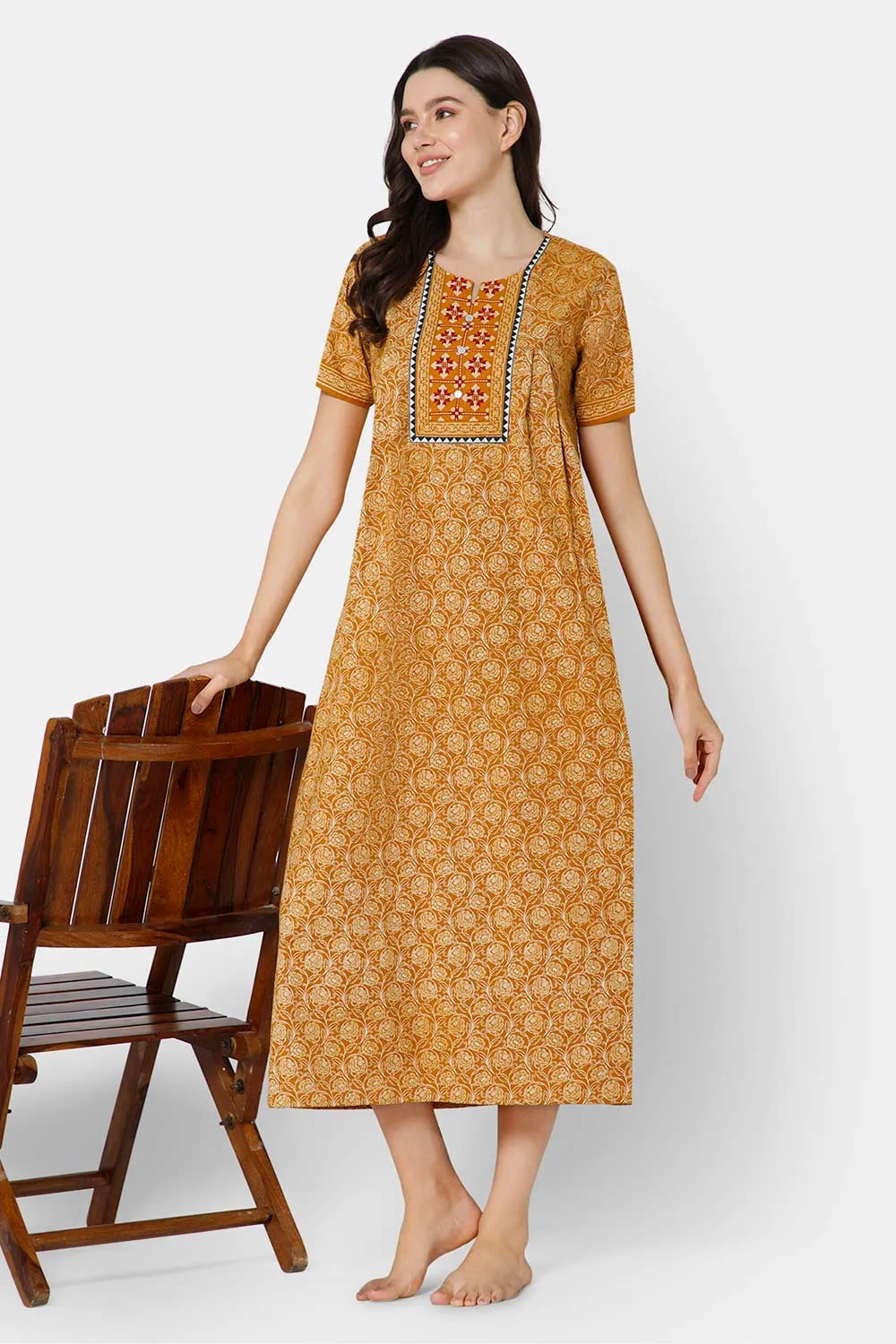 Naidu Hall A-line Women's Nighty Full Length Half Sleeve  - Mustard - R136