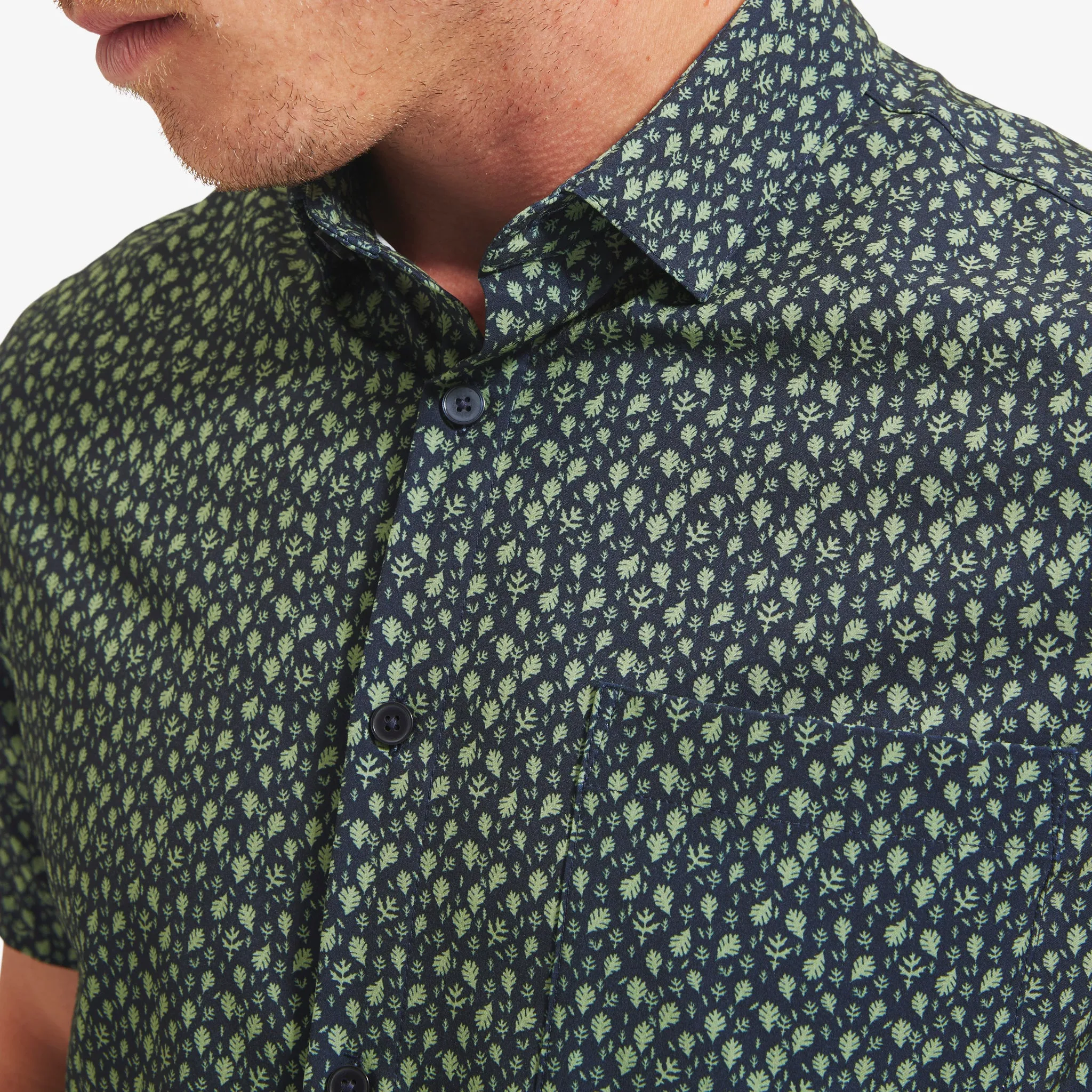 Navy Green Leaf Print