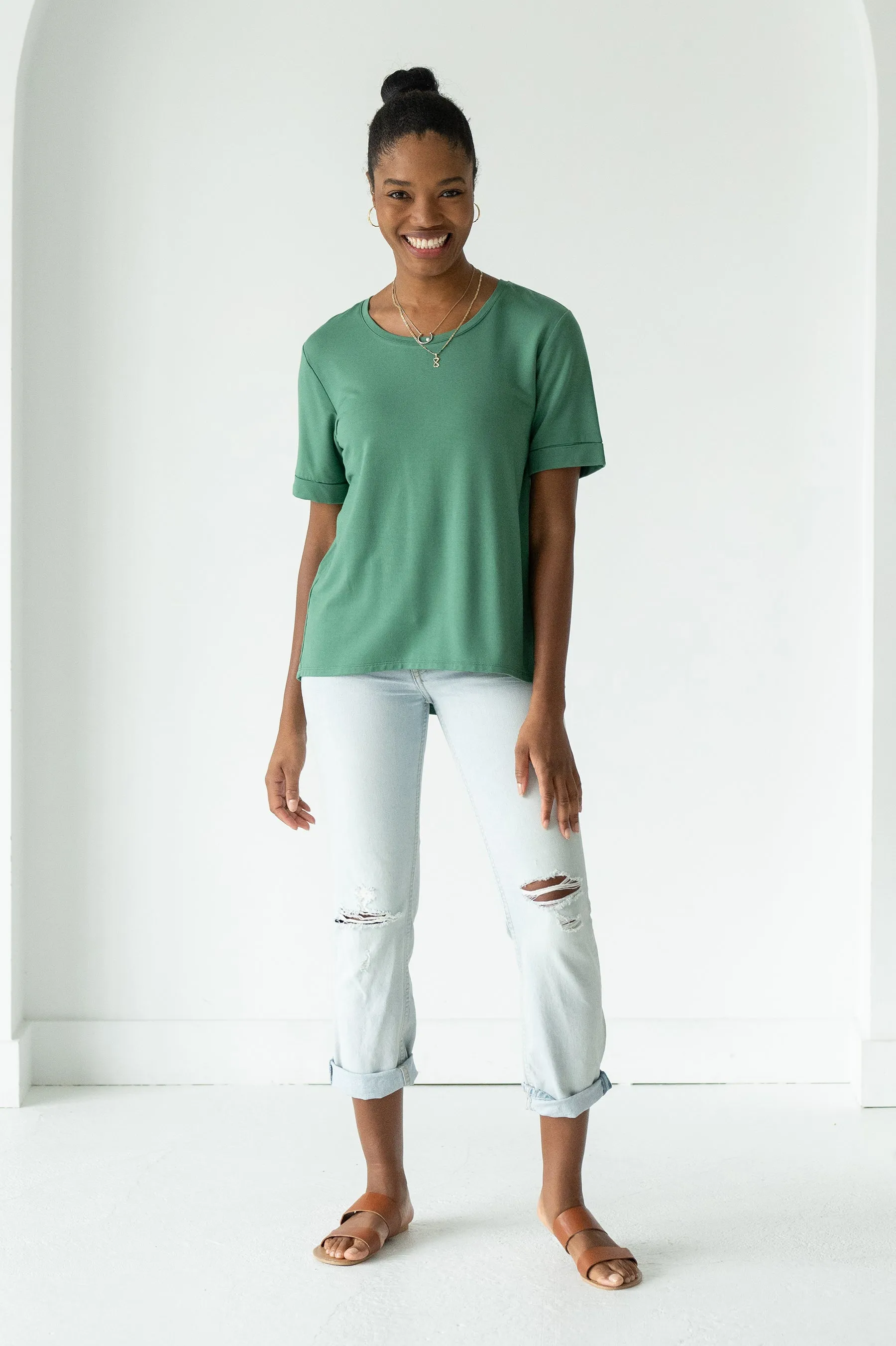 Nicola Folded-Cuff Bamboo Short Sleeve Tee - Forest Green