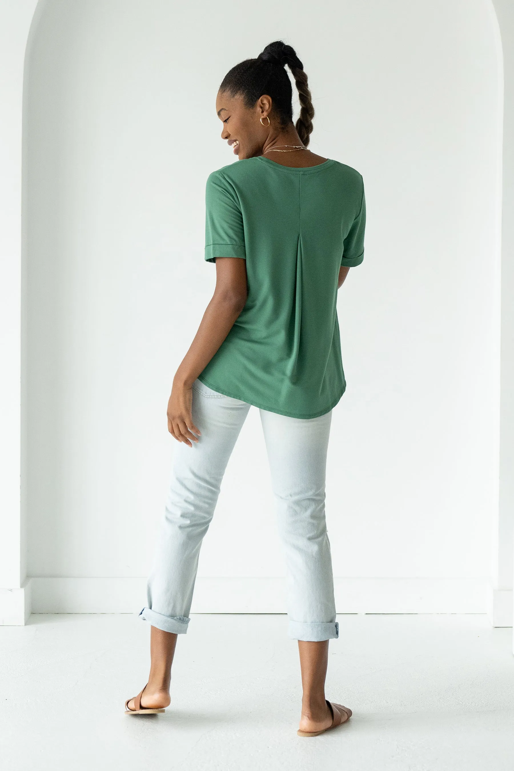 Nicola Folded-Cuff Bamboo Short Sleeve Tee - Forest Green