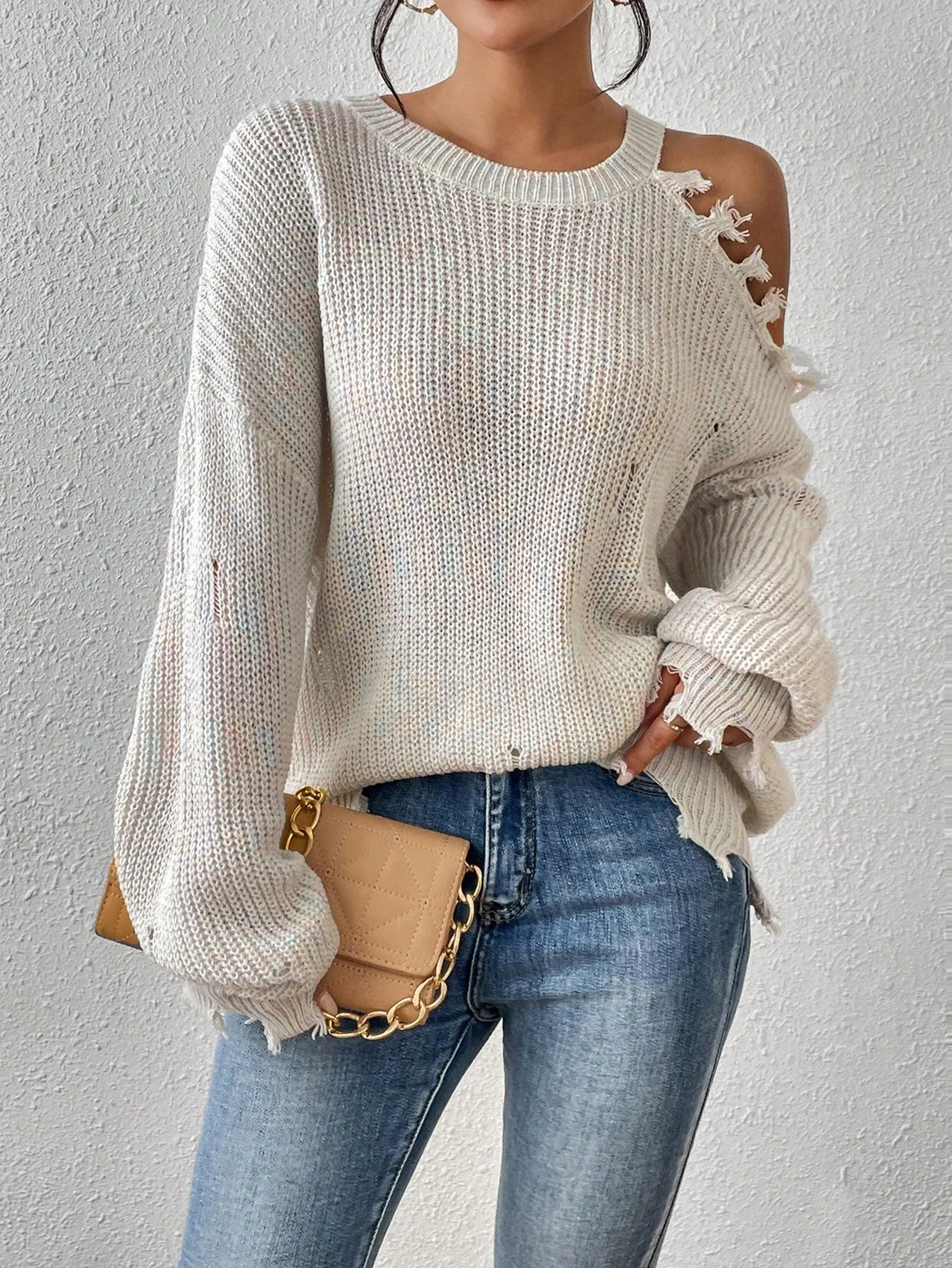 Off the Shoulder Distressed Sweater