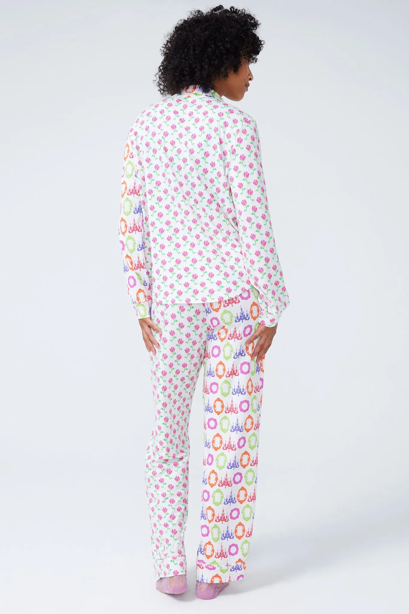 Pajama Set in Mirrors and Pink Stemmed Roses Patchwork