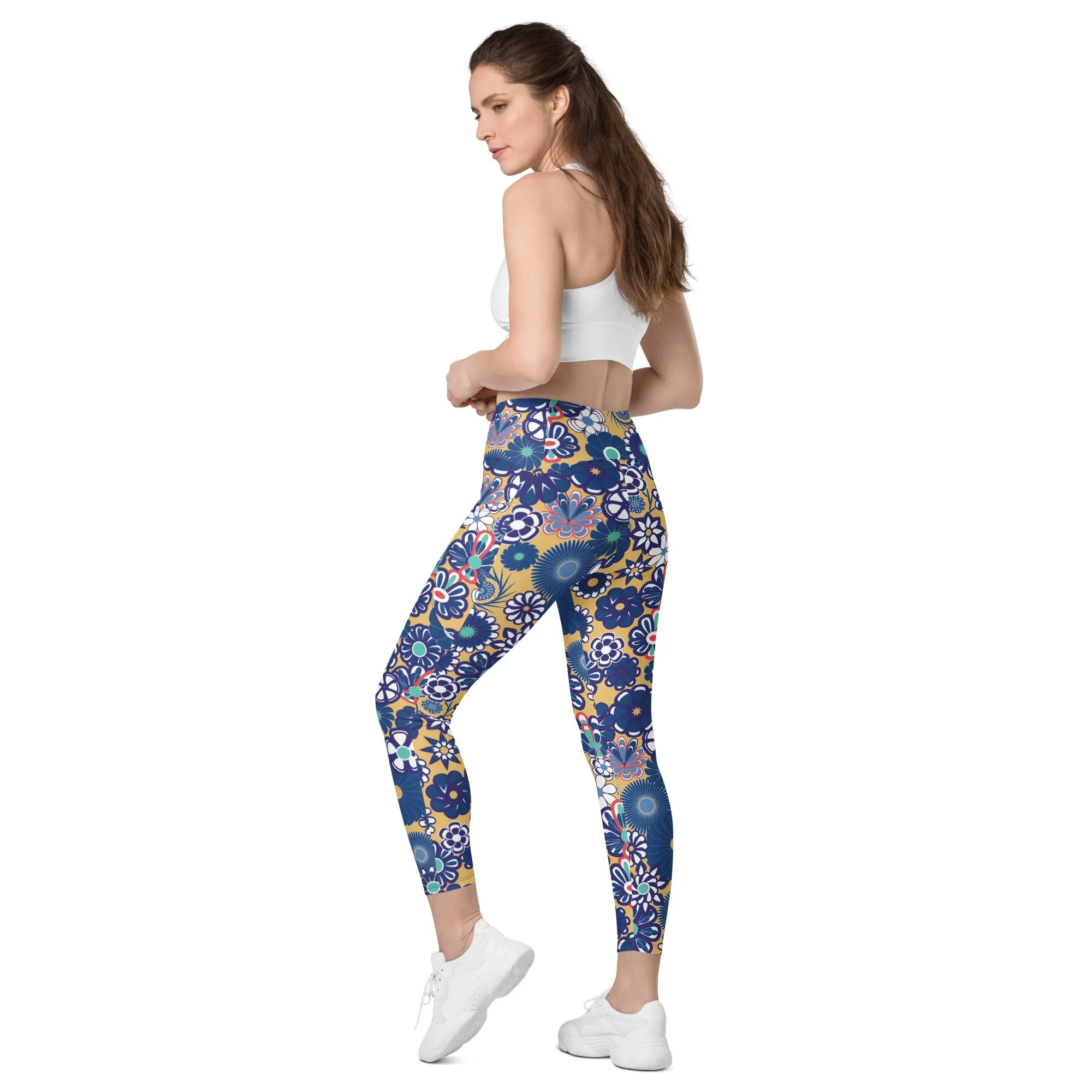 Peach & Navy Floral Crossover leggings with pockets