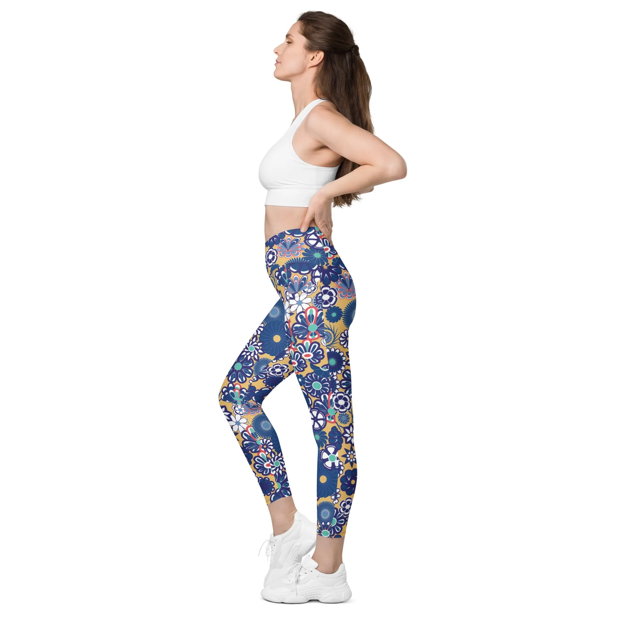 Peach & Navy Floral Crossover leggings with pockets