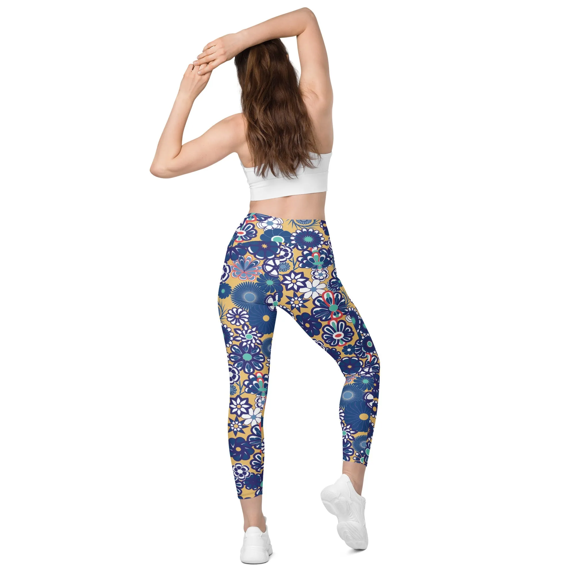 Peach & Navy Floral Crossover leggings with pockets