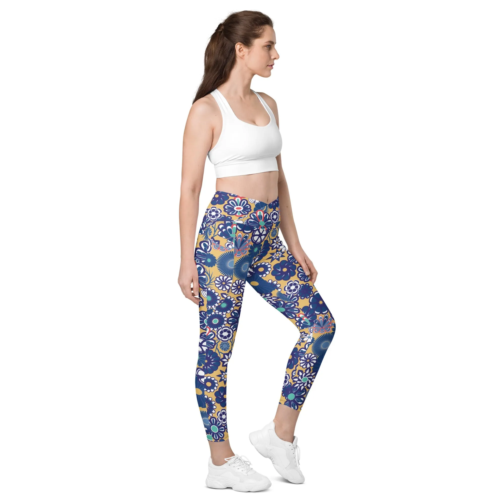 Peach & Navy Floral Crossover leggings with pockets