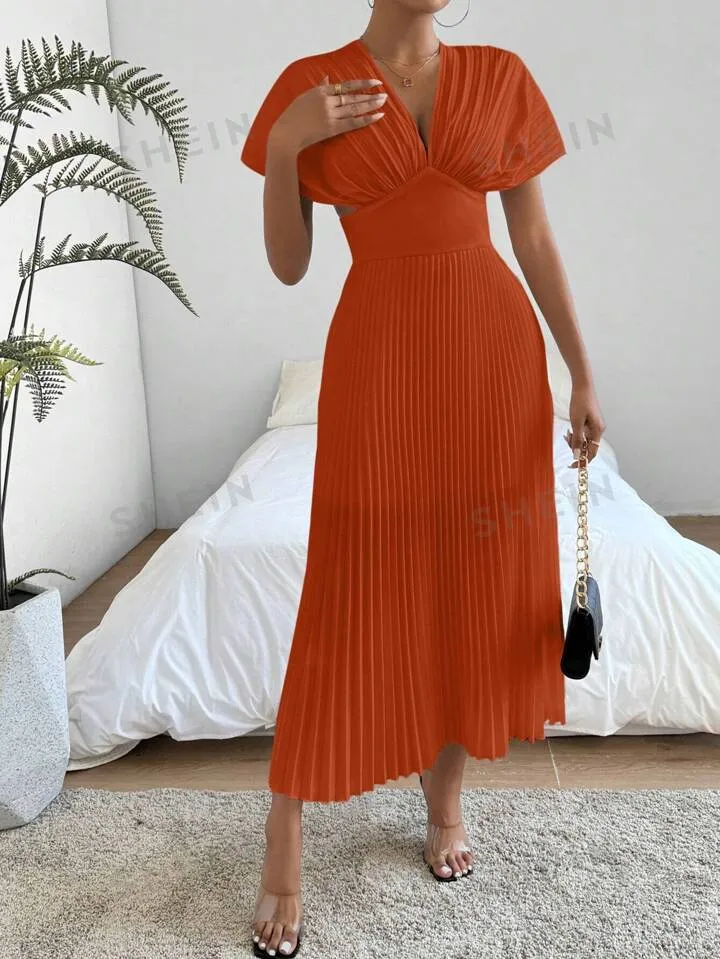 Pleat waist cinched deep v-neck dress in orange