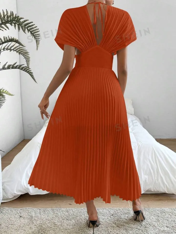 Pleat waist cinched deep v-neck dress in orange