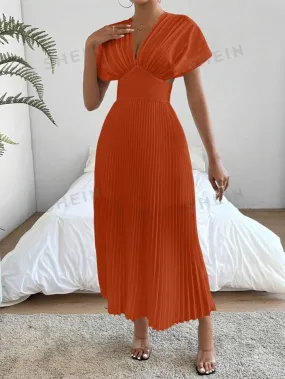 Pleat waist cinched deep v-neck dress in orange