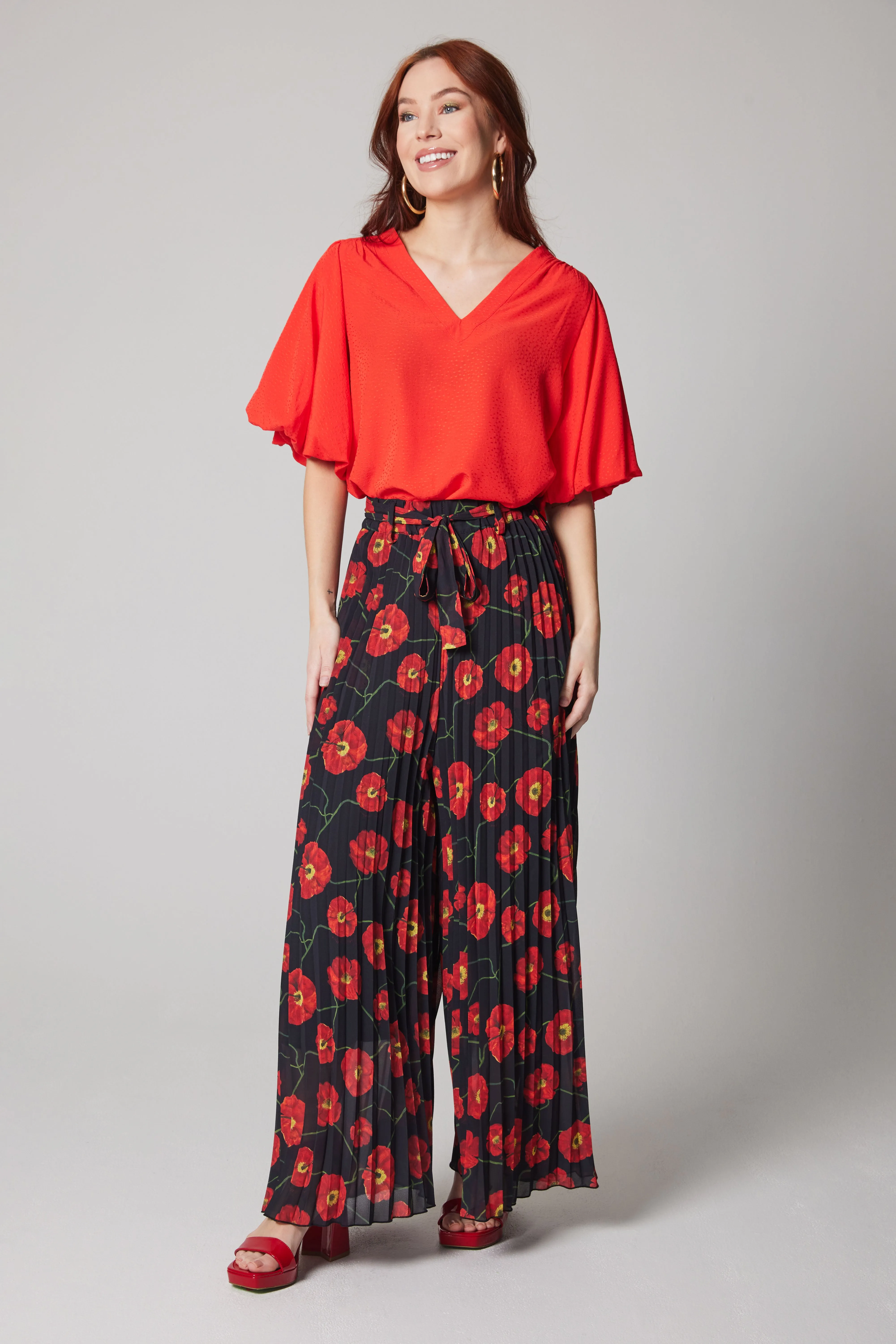 Pleated Palazzo Pant - Poppies