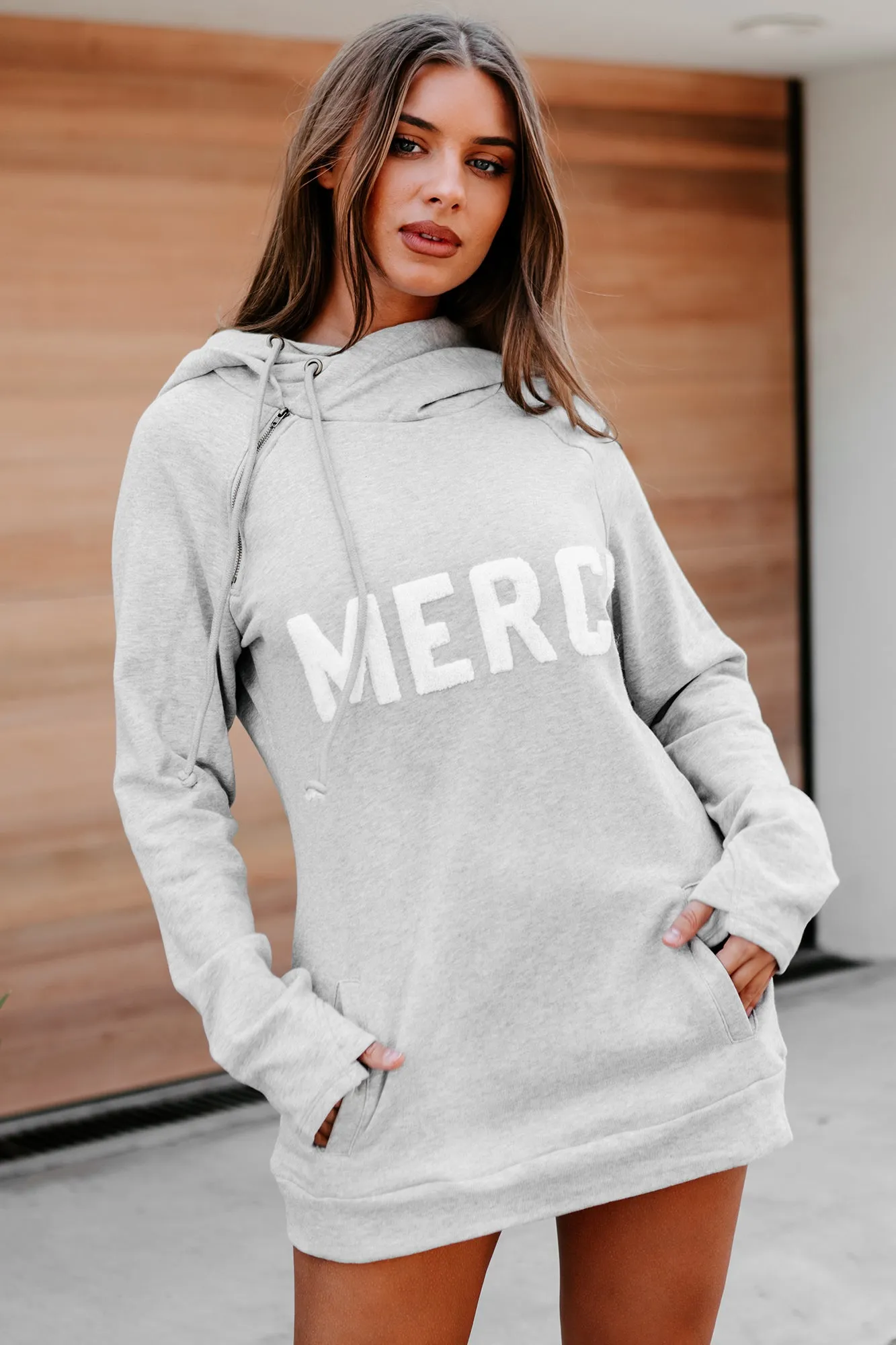 "Merci" Patched Hoodie (Heather Grey)