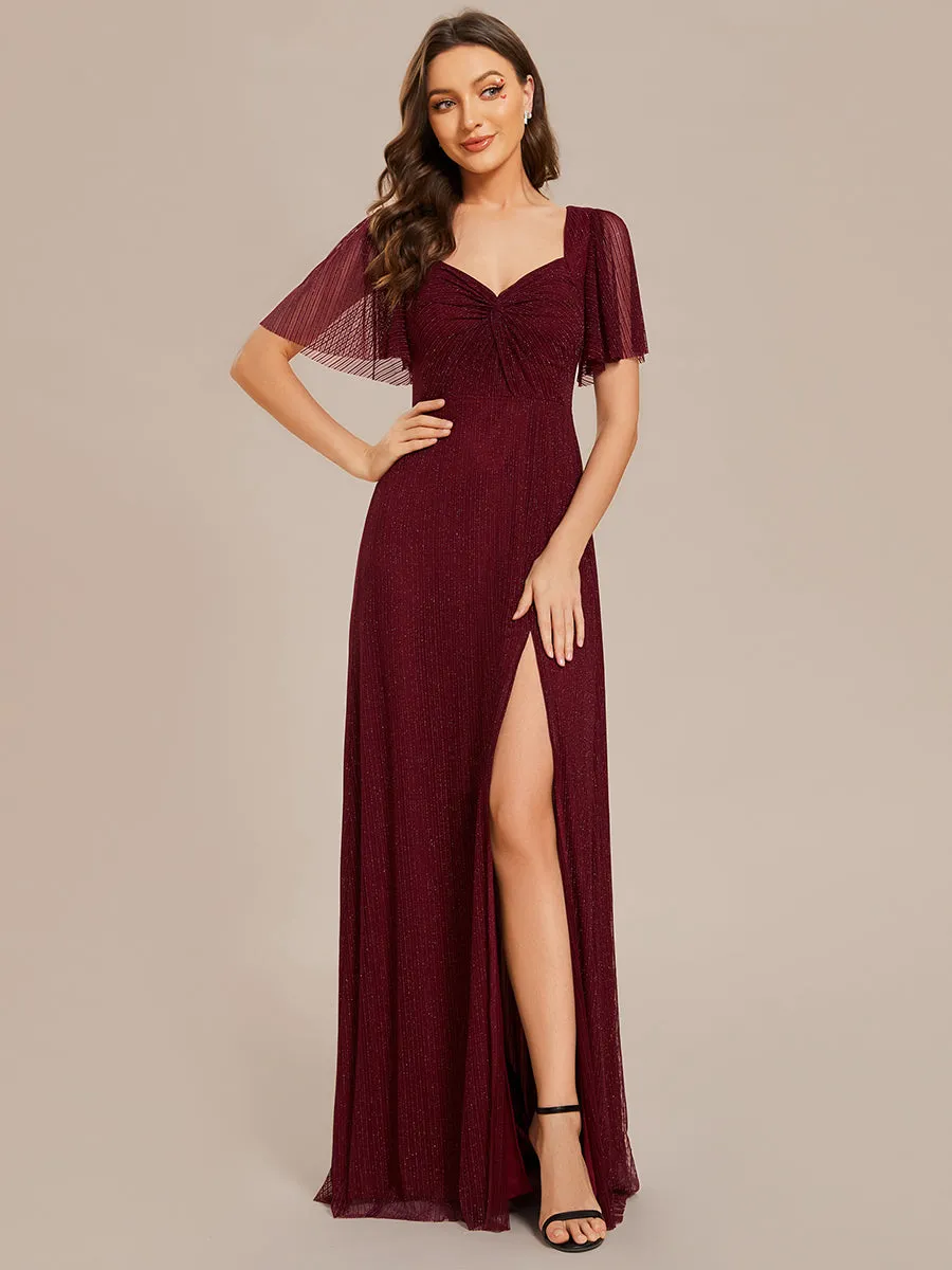 Shiny Maxi Long V-Neck Wholesale Evening Dresses With Short Sleeve