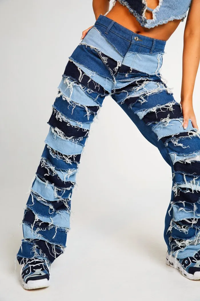 Shredded Denim Patchwork Boyfriend Fit Jeans