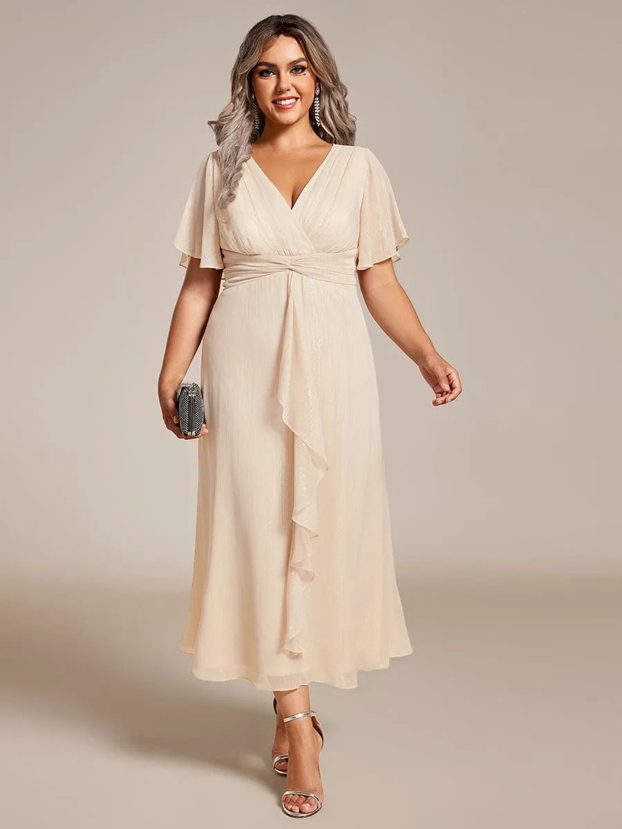 Silver Metallic Fabric V-Neck A-Line Wedding Guest Dress featuring Delicate Ruffled Hem