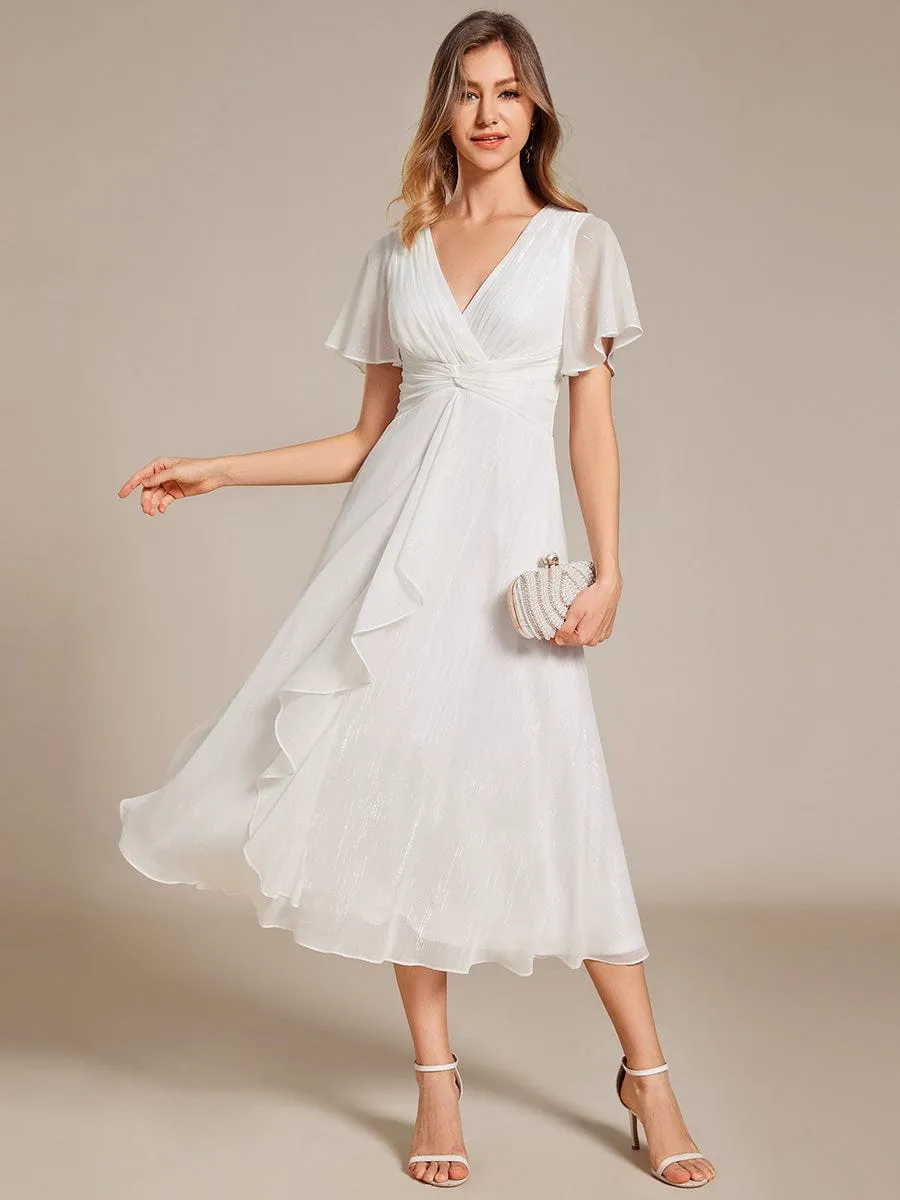 Silver Metallic Fabric V-Neck A-Line Wedding Guest Dress featuring Delicate Ruffled Hem