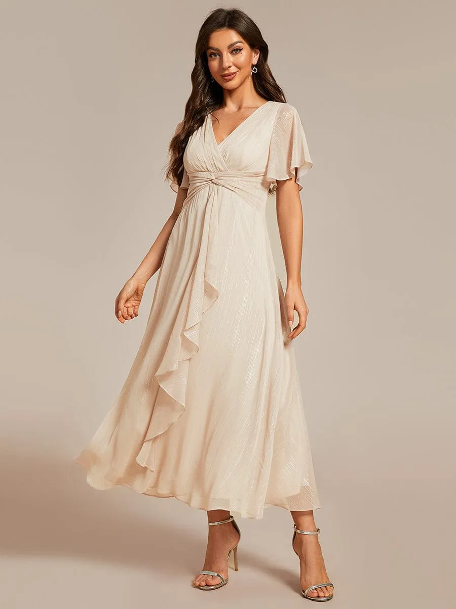 Silver Metallic Fabric V-Neck A-Line Wedding Guest Dress featuring Delicate Ruffled Hem