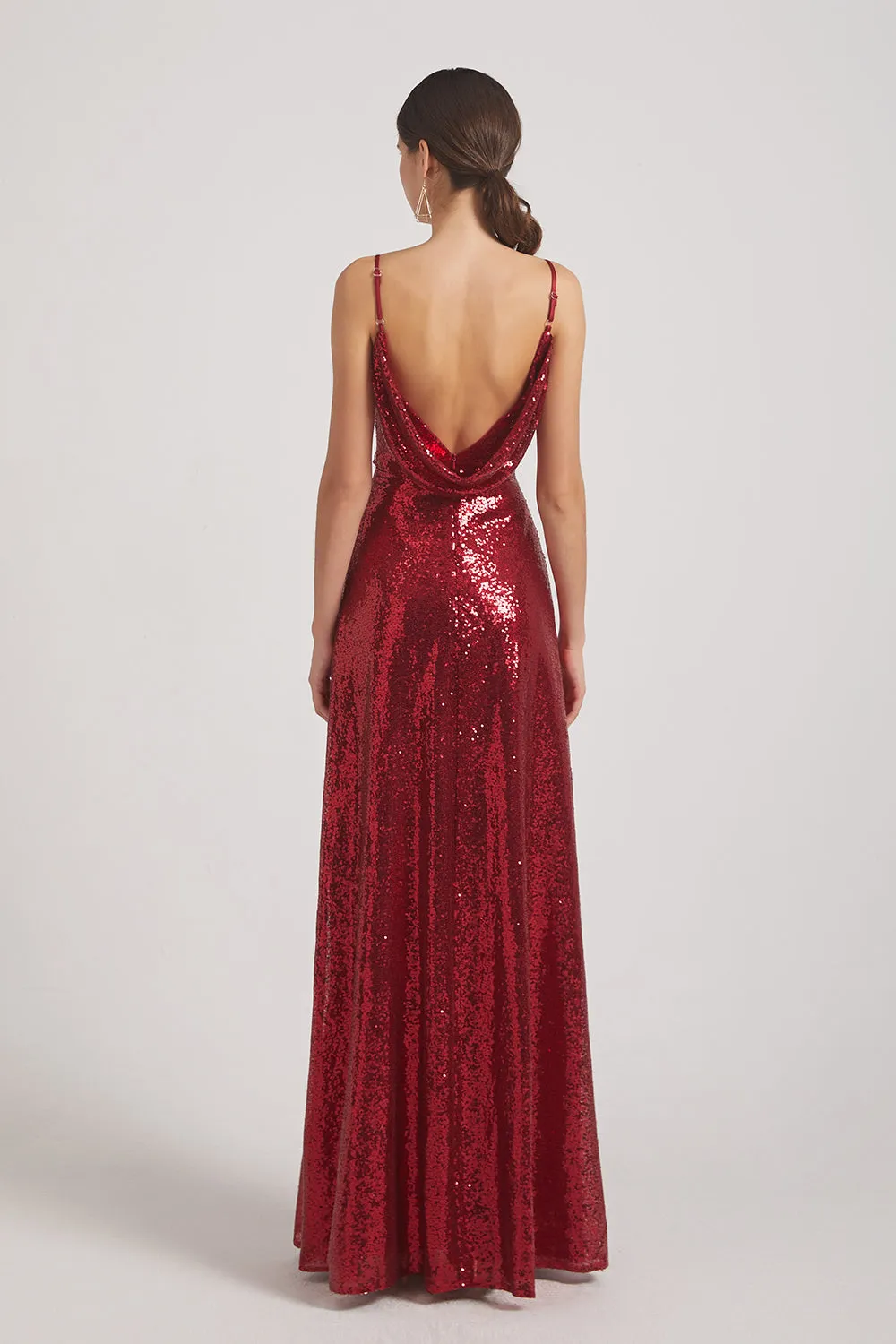 Slender Straps V-Neck Draped Back Long Sequin Dresses (AF0100)