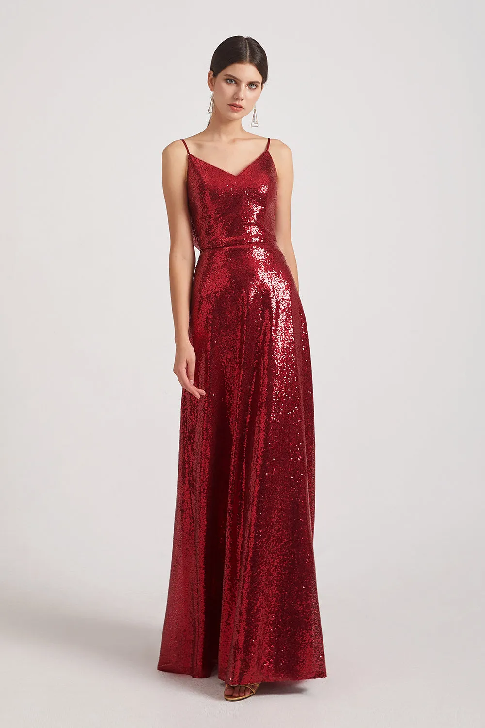 Slender Straps V-Neck Draped Back Long Sequin Dresses (AF0100)