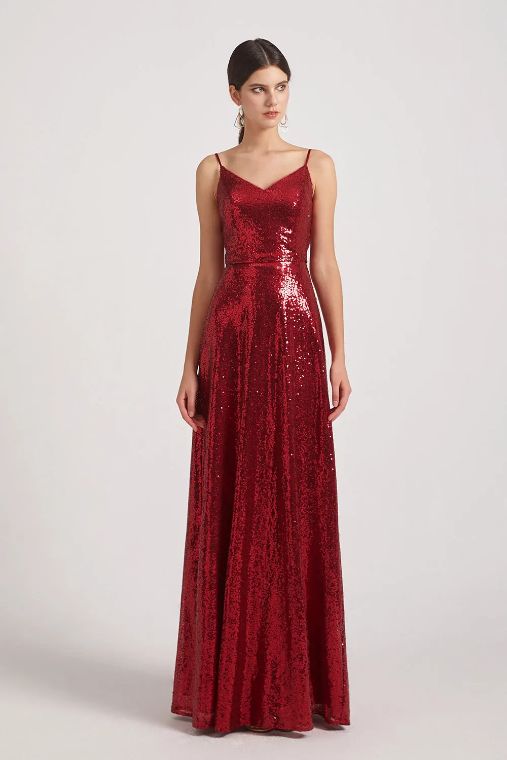 Slender Straps V-Neck Draped Back Long Sequin Dresses (AF0100)