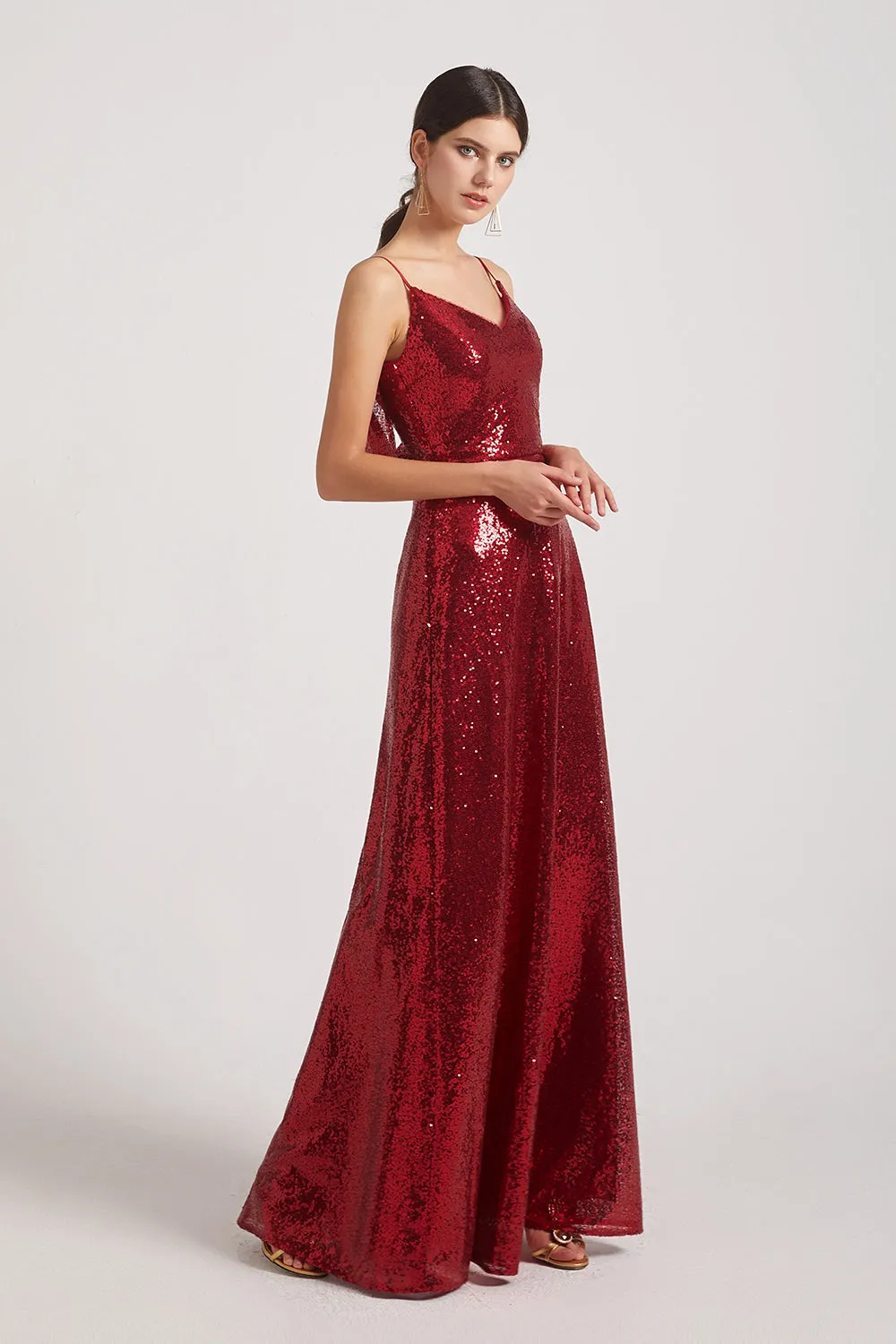 Slender Straps V-Neck Draped Back Long Sequin Dresses (AF0100)