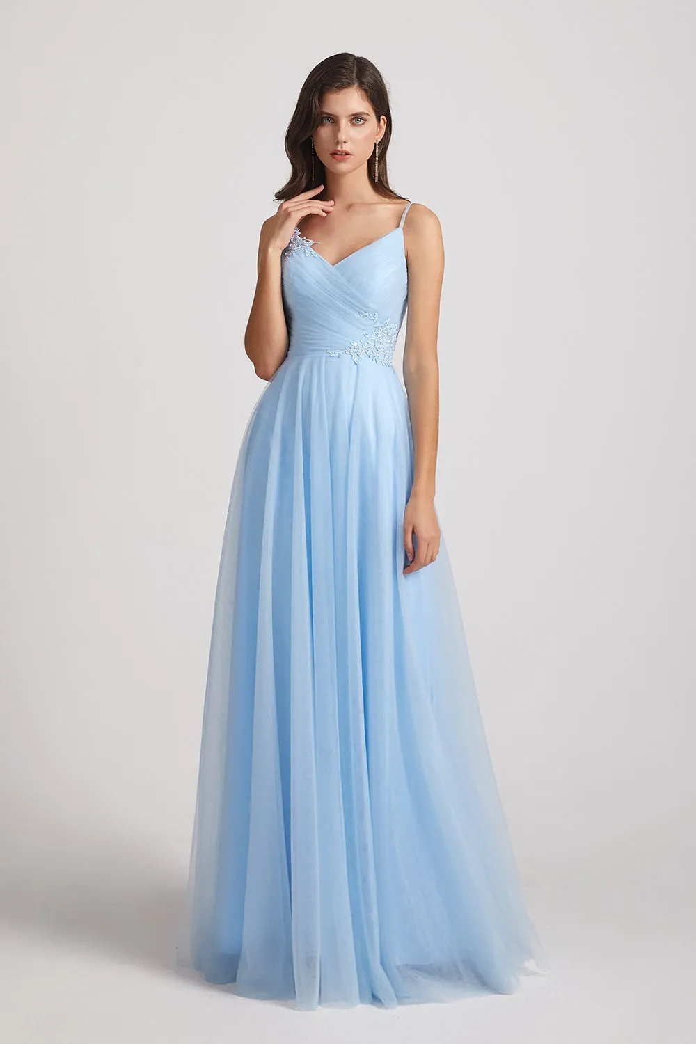 Spaghetti Straps V-Neck Pleated Long Tulle Bridesmaid Dresses (AF0107)