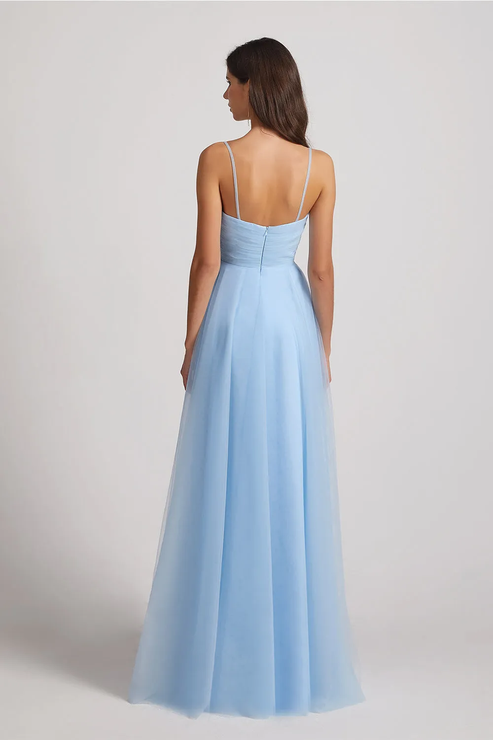 Spaghetti Straps V-Neck Pleated Long Tulle Bridesmaid Dresses (AF0107)