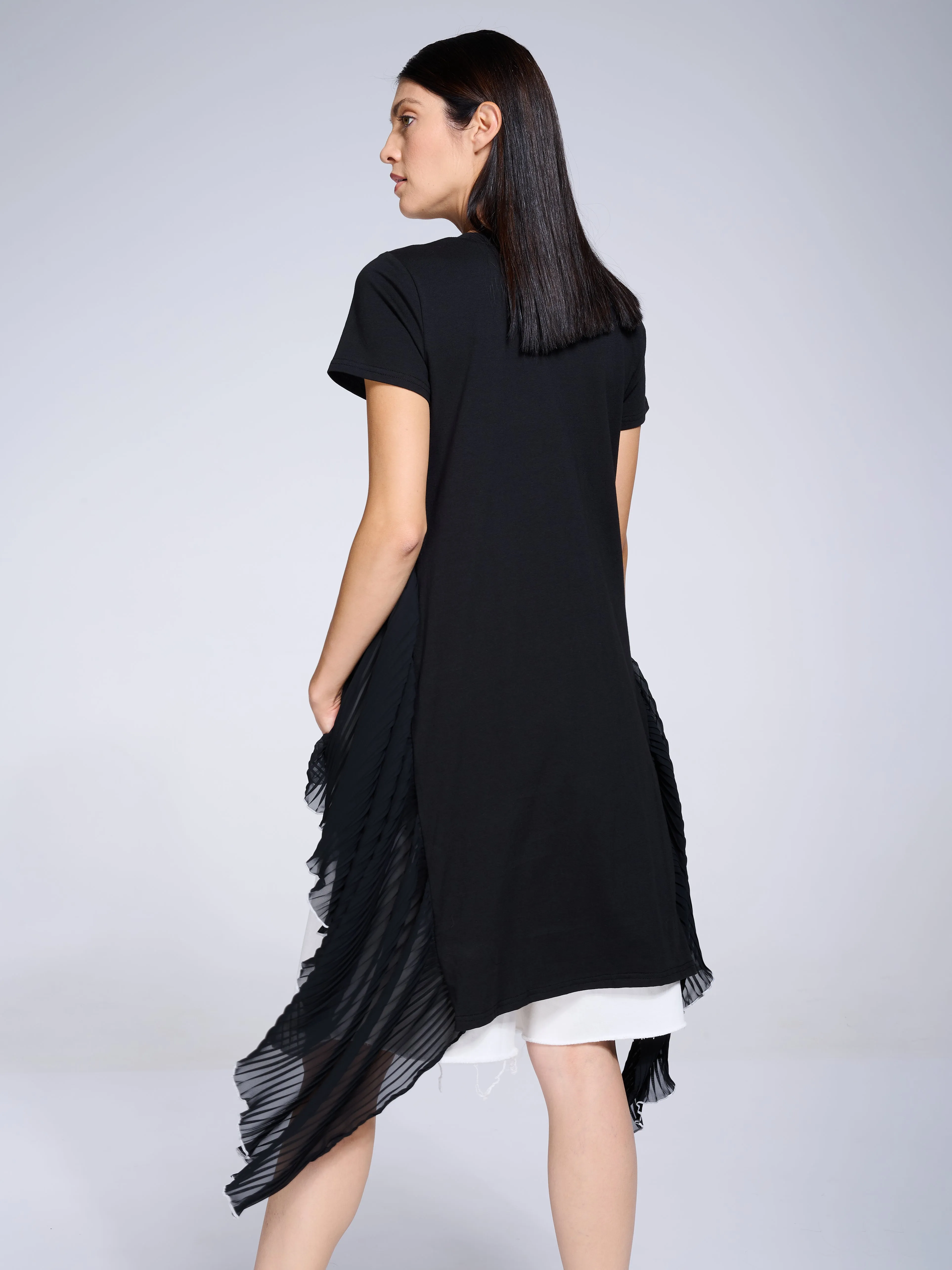 Tunic With Pleated Chiffon Layer In Black