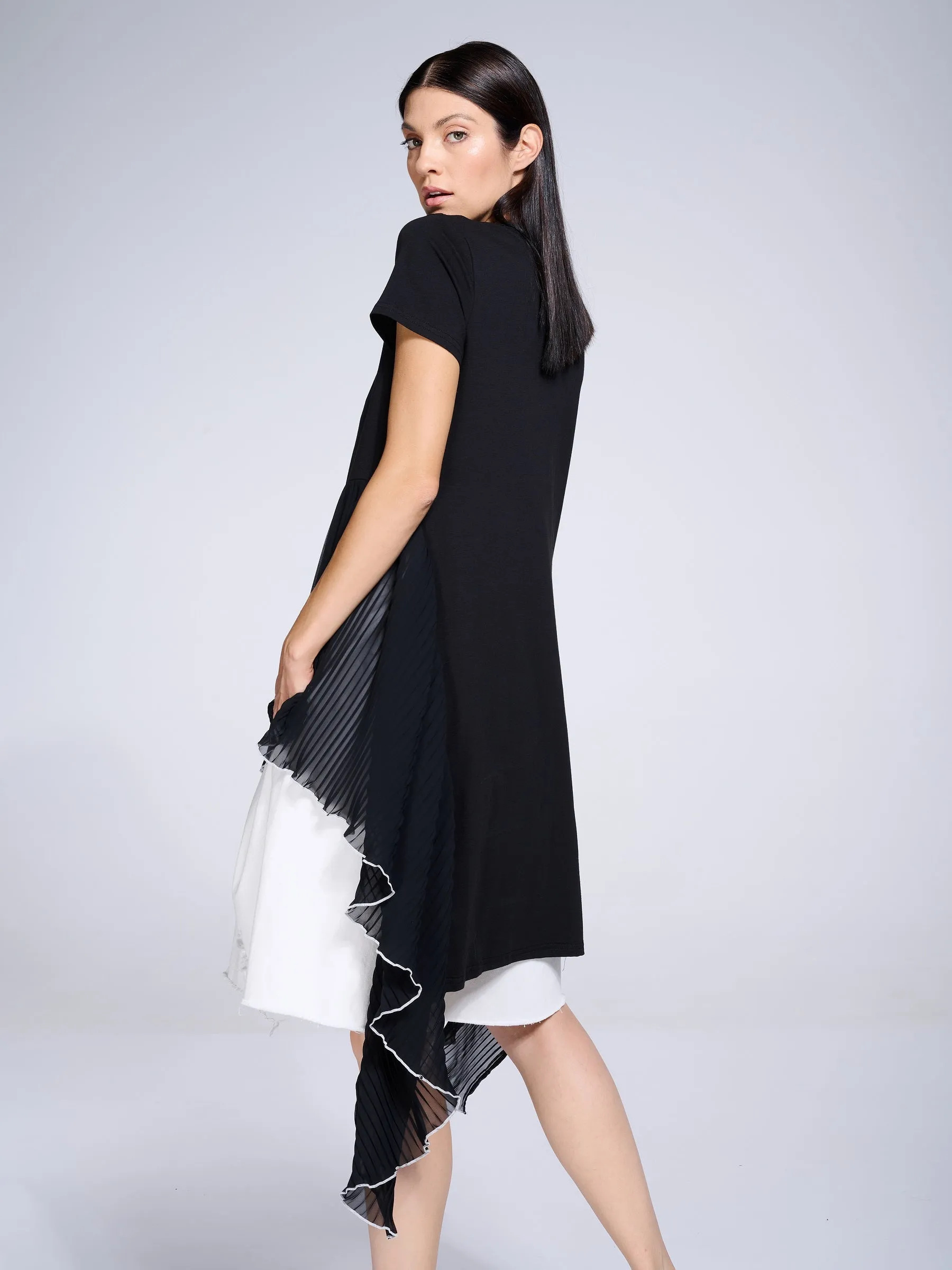 Tunic With Pleated Chiffon Layer In Black