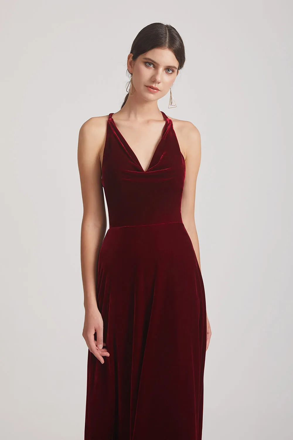 Velvet Cowl Neck Bridesmaid Dresses With Open Back (AF0123)