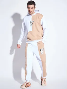 White & Beige Cut Sew Matching Tracksuit