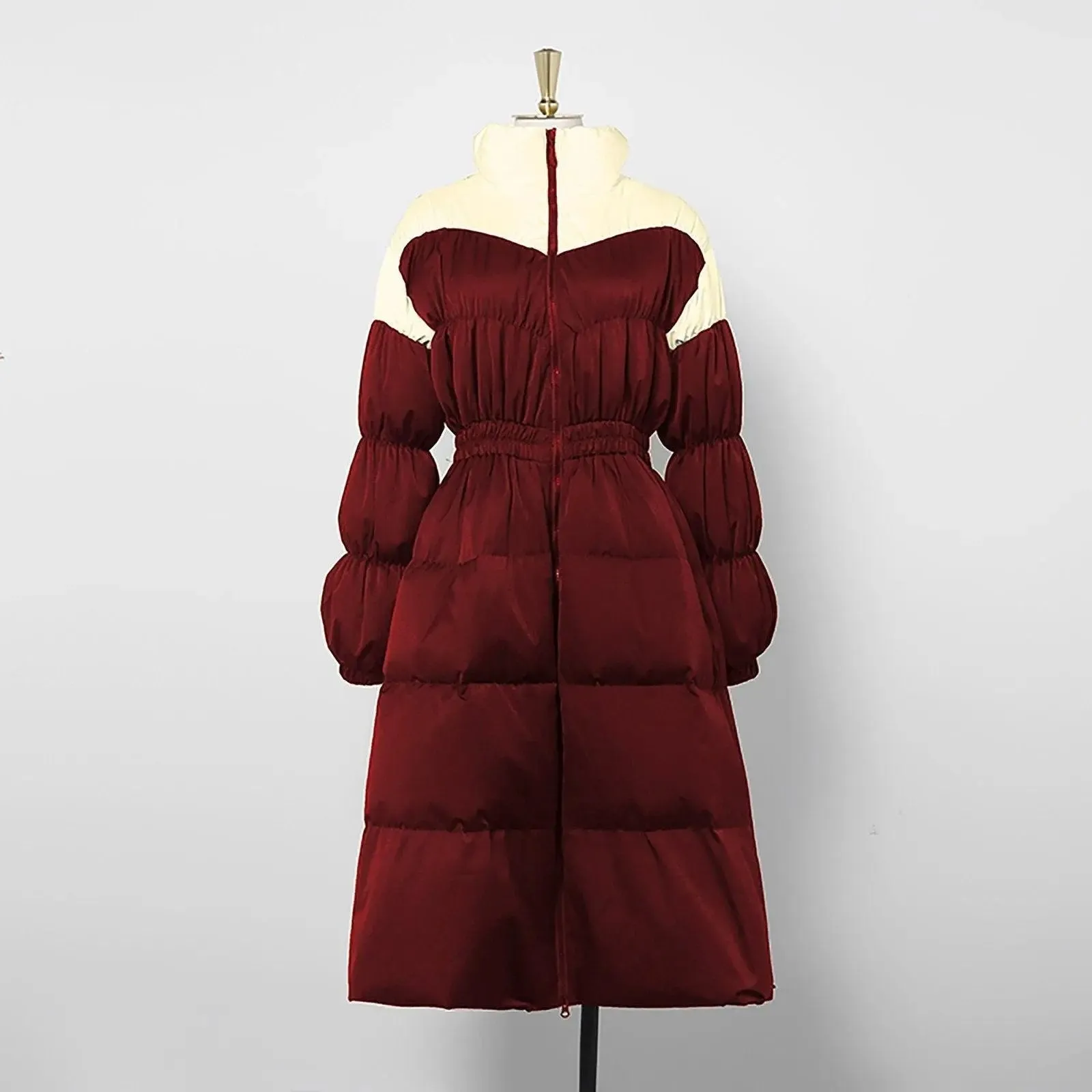 Women Long Down Puffer Coat,Burgundy White Contrast Down Coat,Wine Long down coat,Quilted Down Parka Coat,Winter Down Coat,Warm Puffy Coat